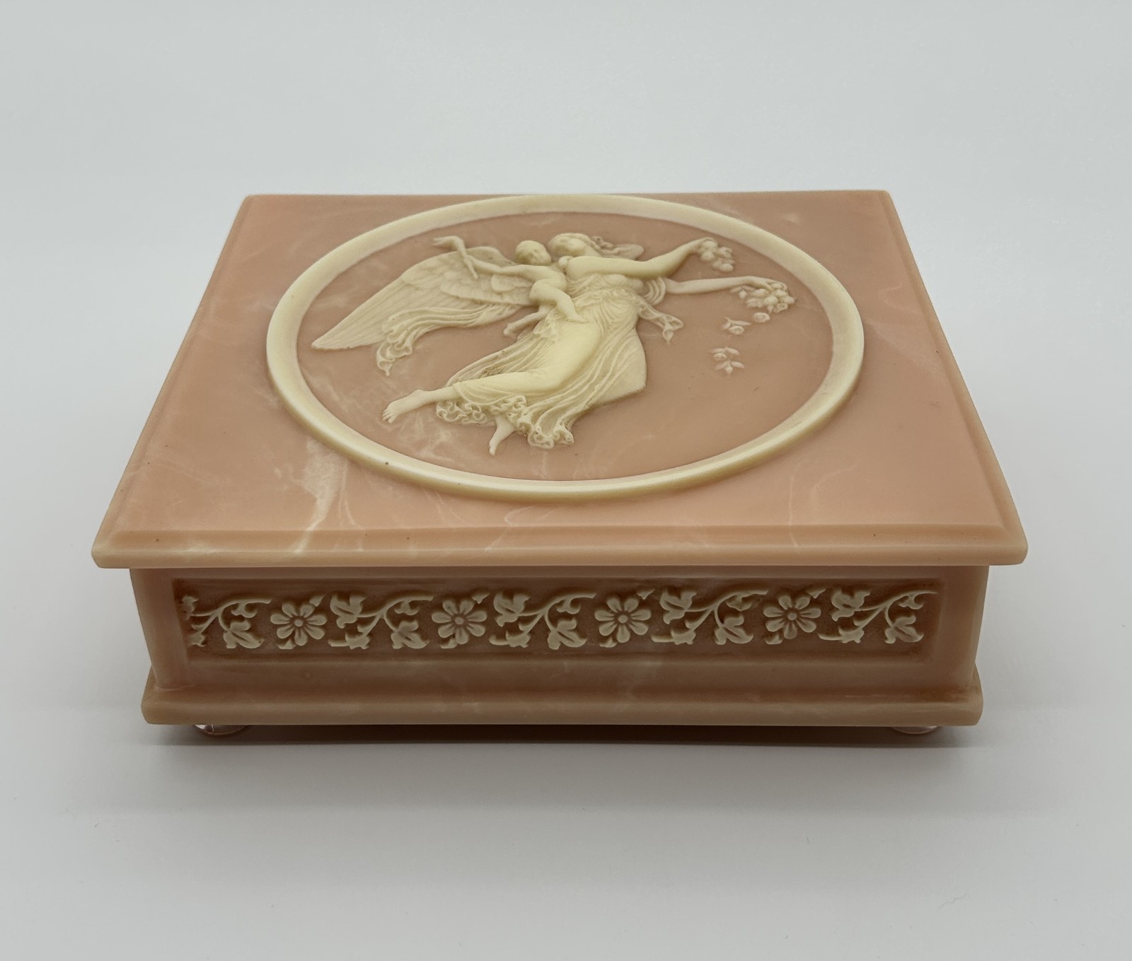 Vintage Pink Incolay Jewelry Music Box Neoclassical Angel Cupid Romance Swiss Vintage Pink Incolay Jewelry Music Box Neoclassical Angel Cupid Romance Swiss