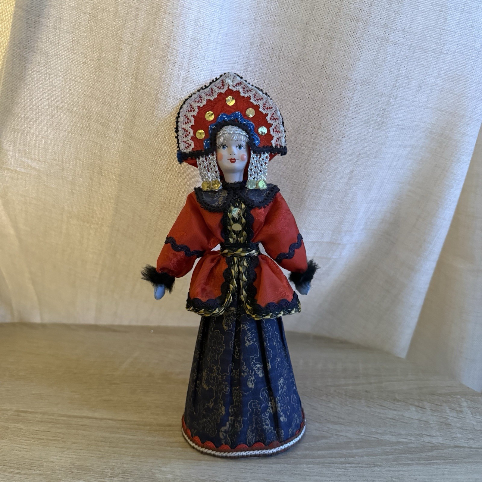Russian Folk Costume Doll Figurine with Embroidered Kokoshnik vintage doll Red