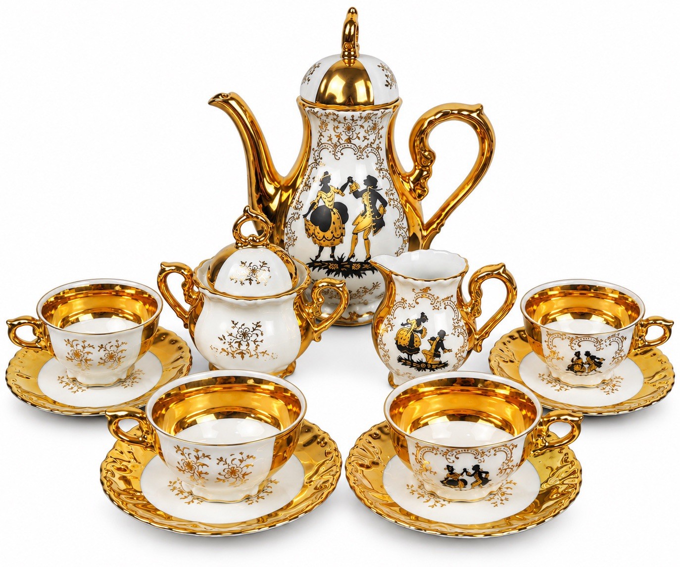 Vintage Bavaria Germany 24K Gold 13 Pc Demitasse Mocha Coffee Tea Set Fragonard