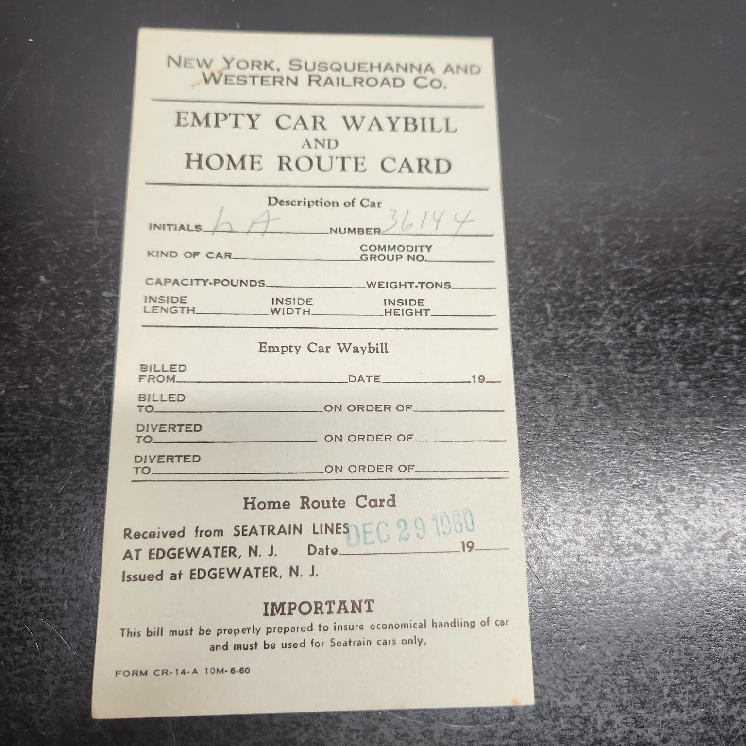 Nys&w Railroad Empty Car Waybill Home Route Card Edgewater NJ 1960s Ephemera Nys&w Railroad Empty Car Waybill Home Route Card Edgewater NJ 1960s Ephemera