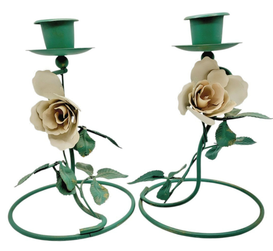 Vintage Green and Cream Toleware Tole Rose Metal Candle Holder Candlesticks Pair