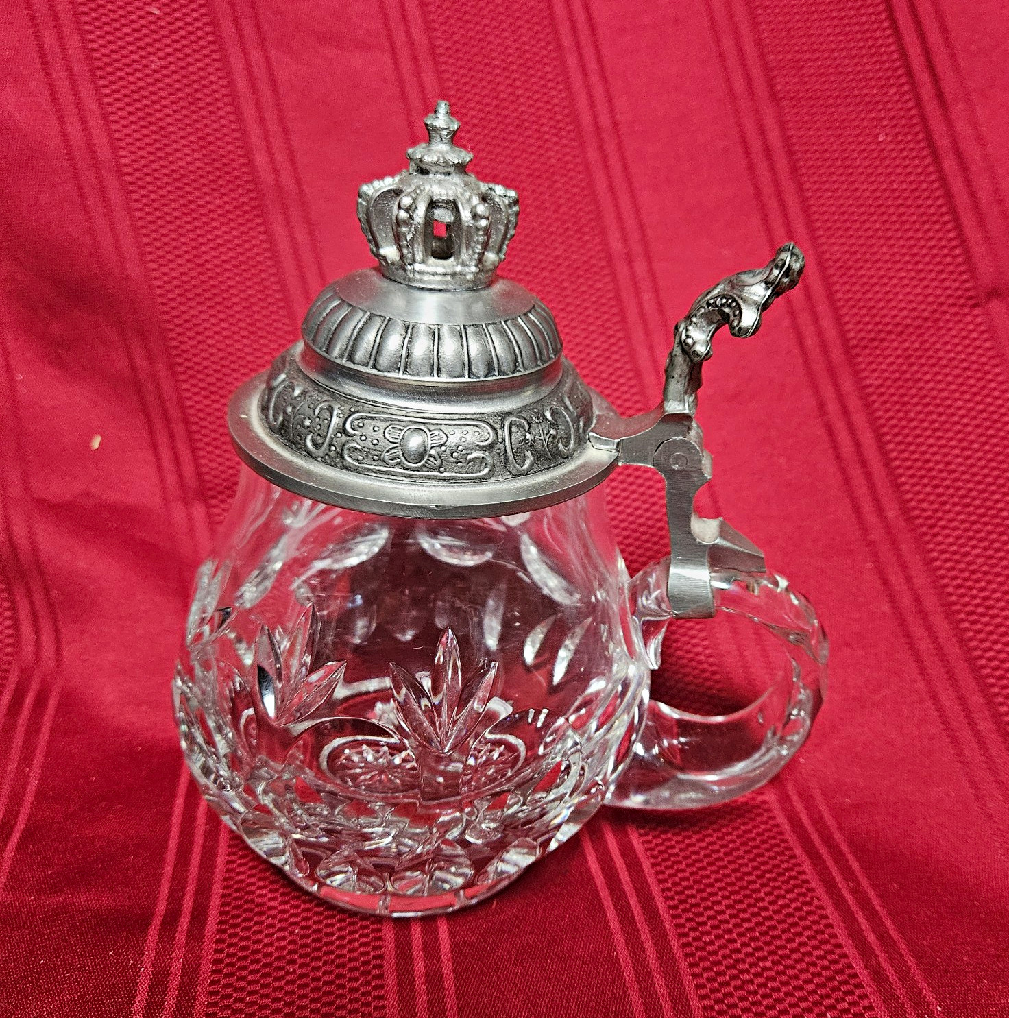 German Clear Glass Lidded Stein w/ Ornate Pewter King Queen Crown Lid & Handle