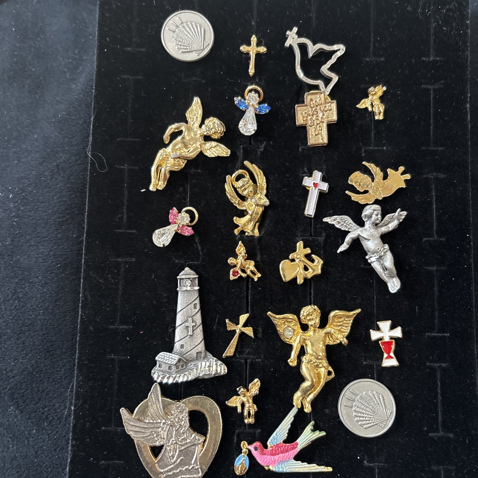 Vintage Pin Lot (21) Enamel Swallow Miraculous Medal Lutheran Brotherhood Angels