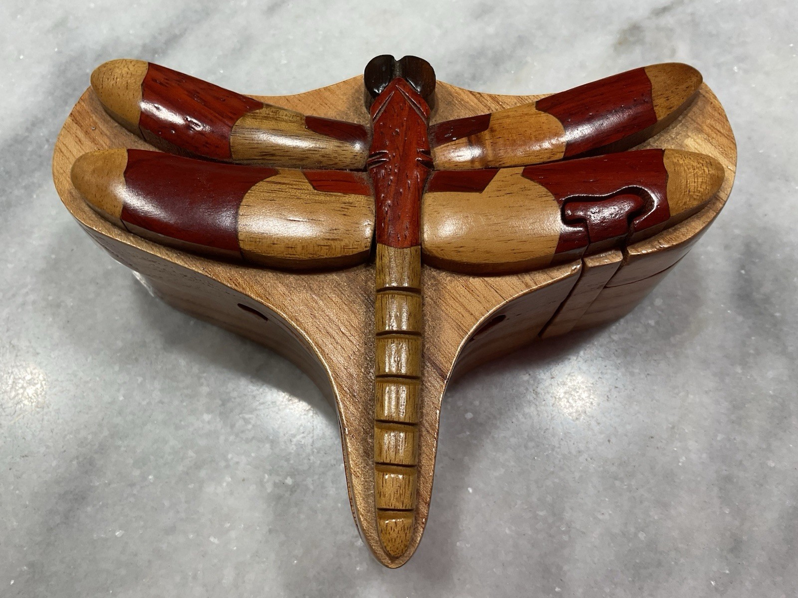 Wood Intarsia Dragonfly Puzzle Box -  Handcrafted