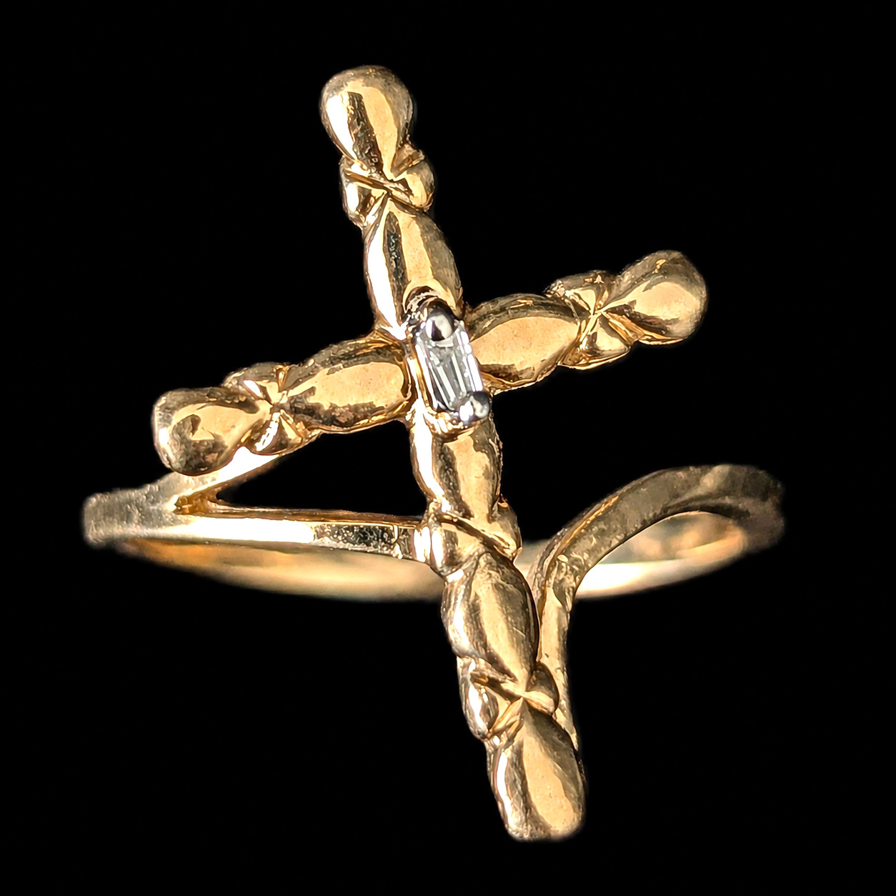 Vintage Cross Ring Baguette Cut Diamond 10k Yellow Gold Christian Religious Gift