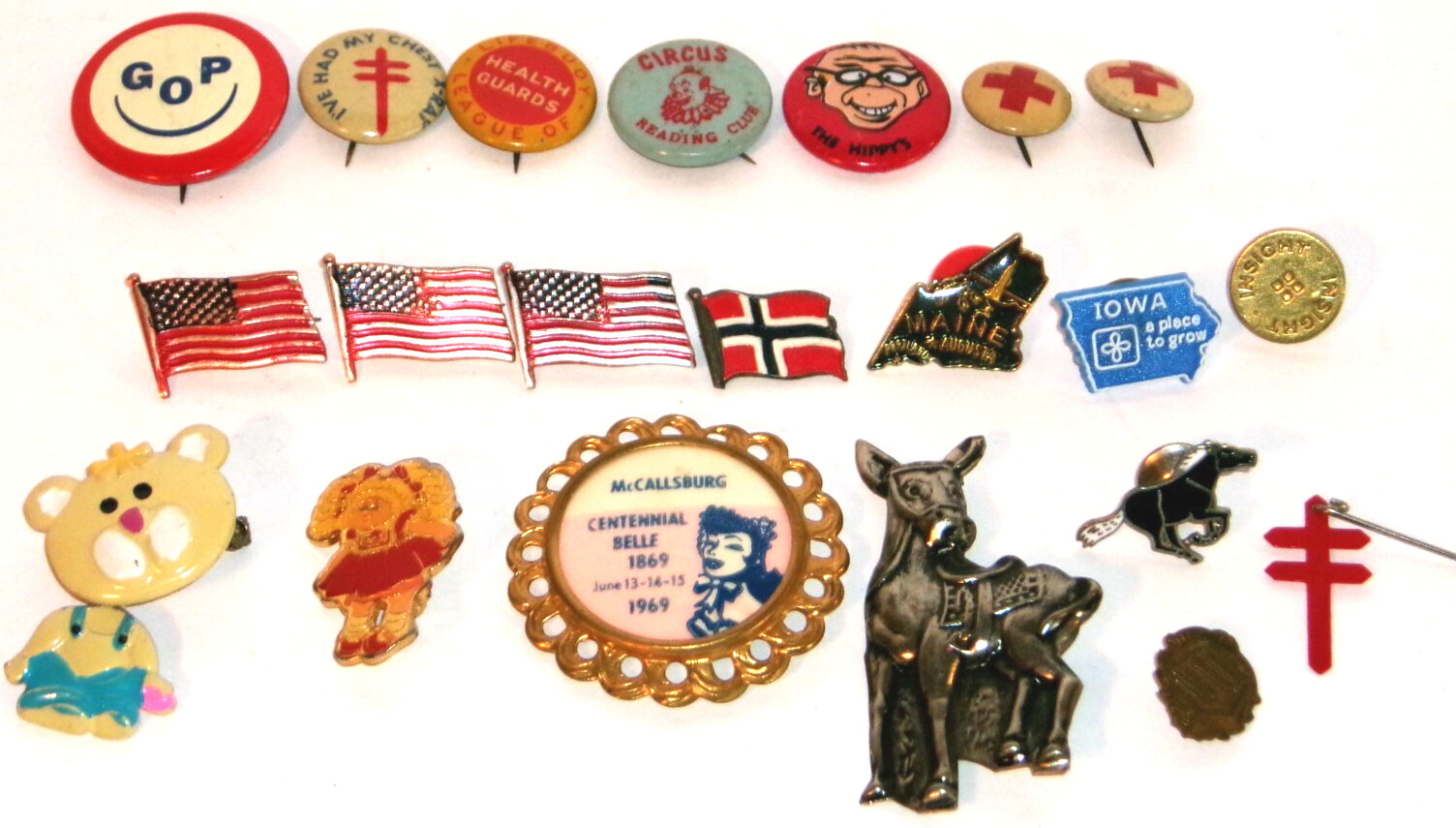 1940s - 1980s Big Lot of Vintage Tiny Pinbacks, Buttons Red Cross, GOP, Hippy's