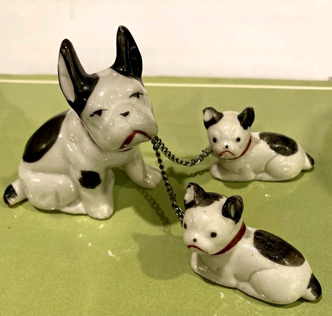 Vintage French Bulldog or Terrier Japan Set of 3 Hand Painted Mom & 2 Puppies