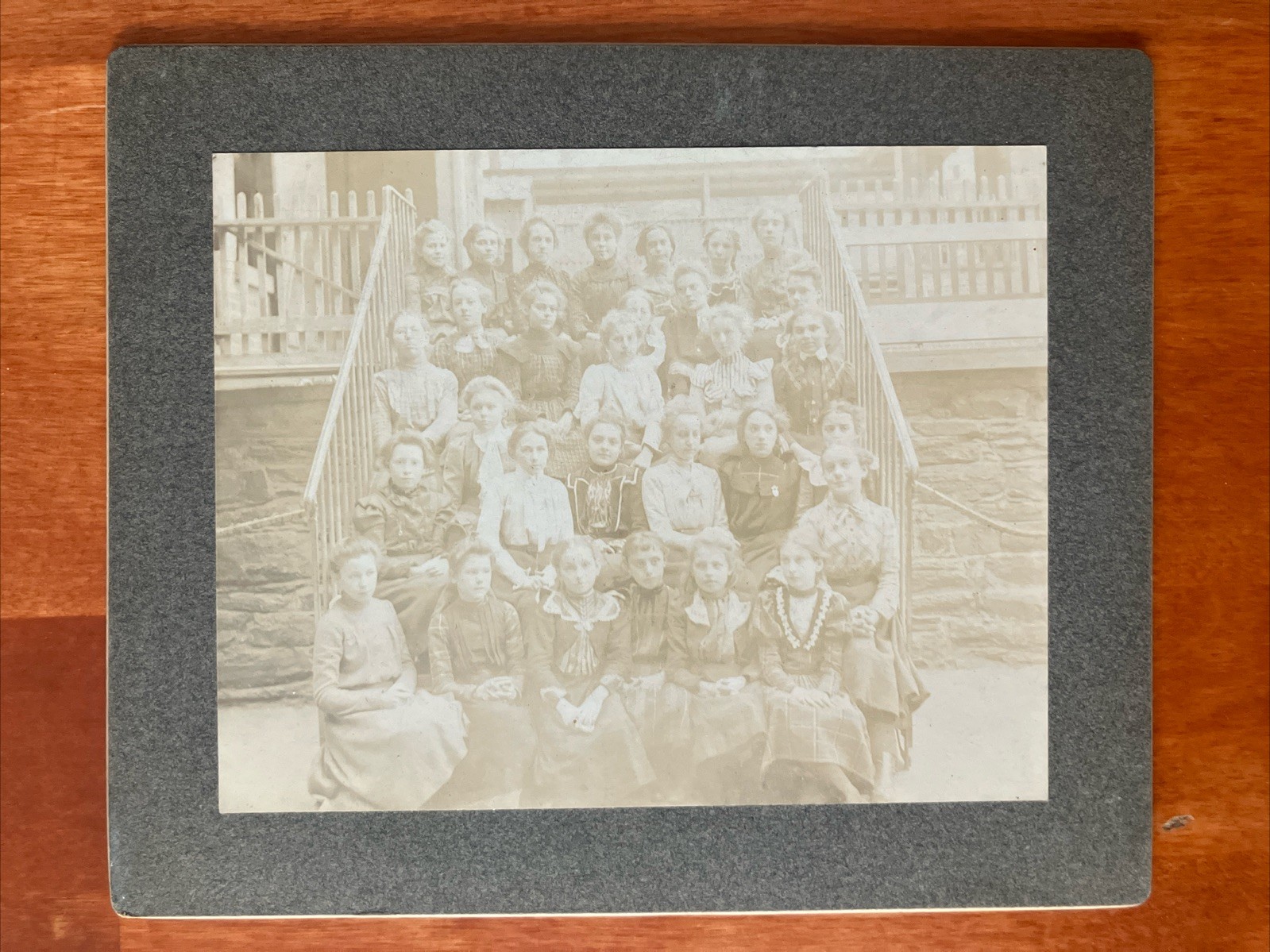 Large Group Of Girls Class Picture Antique Photo On Cardboard Faded 6 x 5