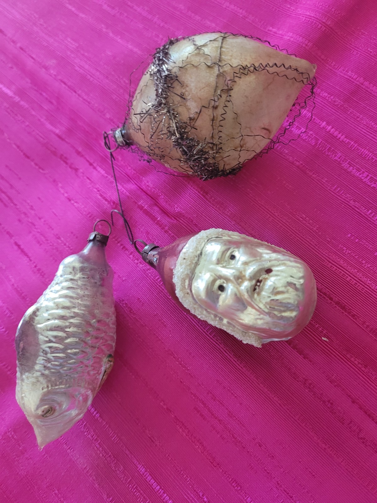 Lot Of 3 Christmas Ornaments SANTA, Wire Fish Vintage Antique Lot Of 3 Christmas Ornaments SANTA, Wire Fish Vintage Antique