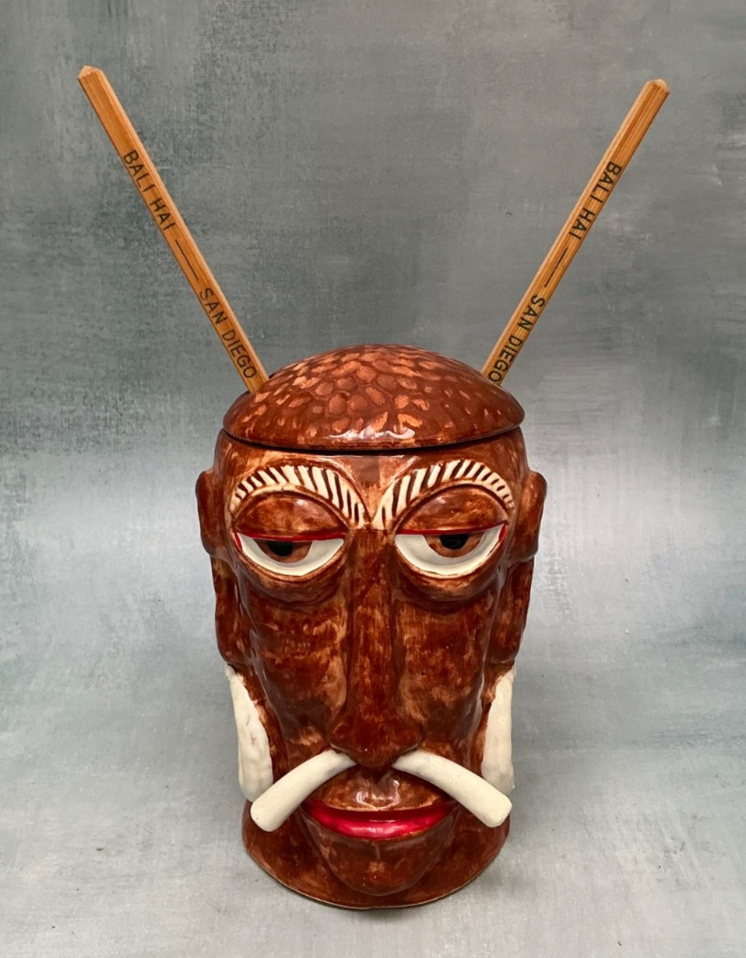 Mr Bali Hai Original 1960’s Concave Tiki Mug W/Chopsticks Near Mint OMC Sticker