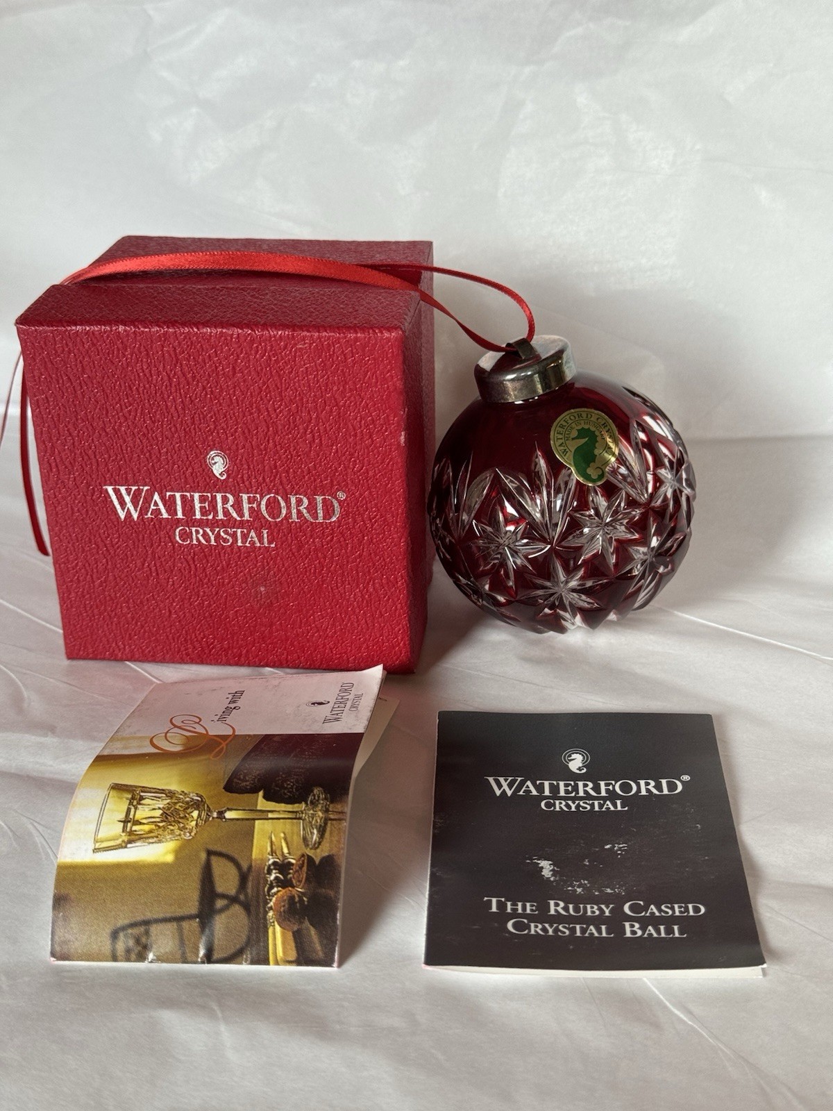 WATERFORD CRYSTAL RUBY CASED BALL CHRISTMAS TREE ORNAMENT WITH ORIGINAL BOX