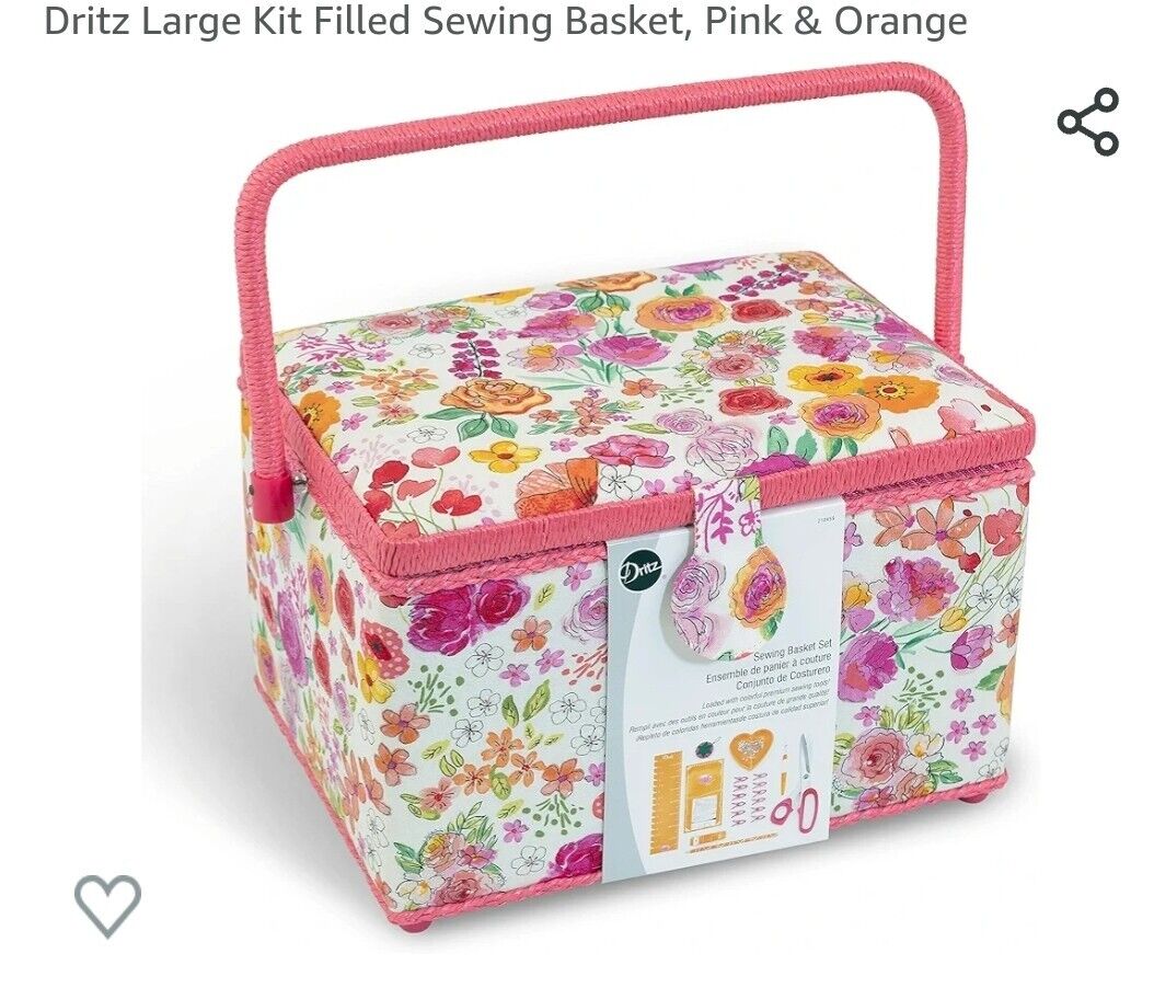 Dritz Large Kit Filled Sewing Basket Pink & Orange