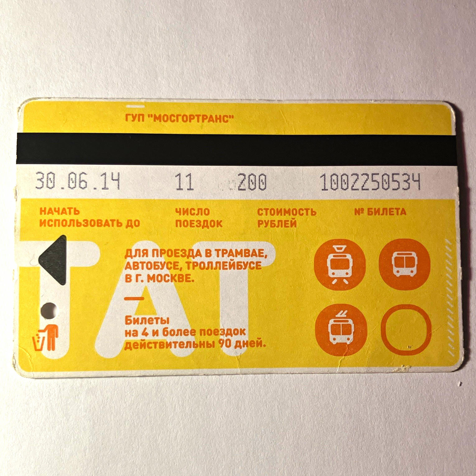 Mosgortrans Moscow Transport Fare Card/Ticket - Metro, Subway, Bus, Tram 2014 Mosgortrans Moscow Transport Fare Card/Ticket - Metro, Subway, Bus, Tram 2014