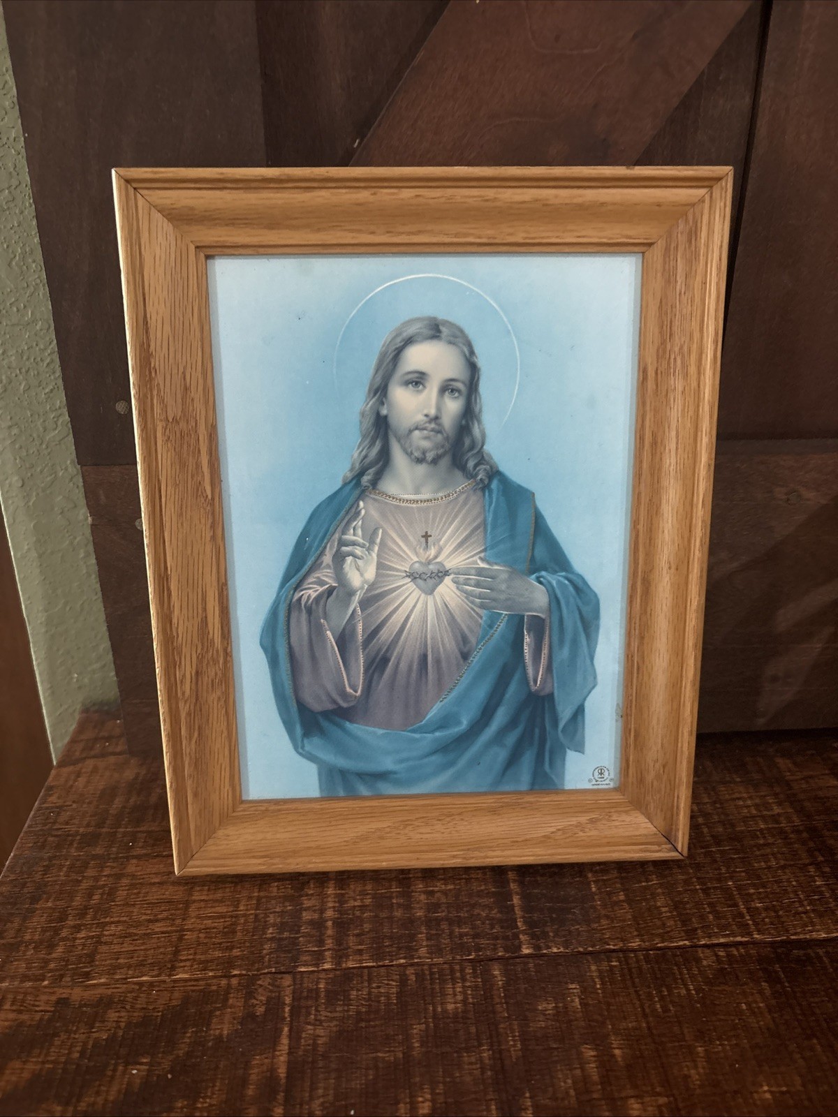 Vintage Framed Sacred Heart Christ Jesus Art Print Catholicism Christianity