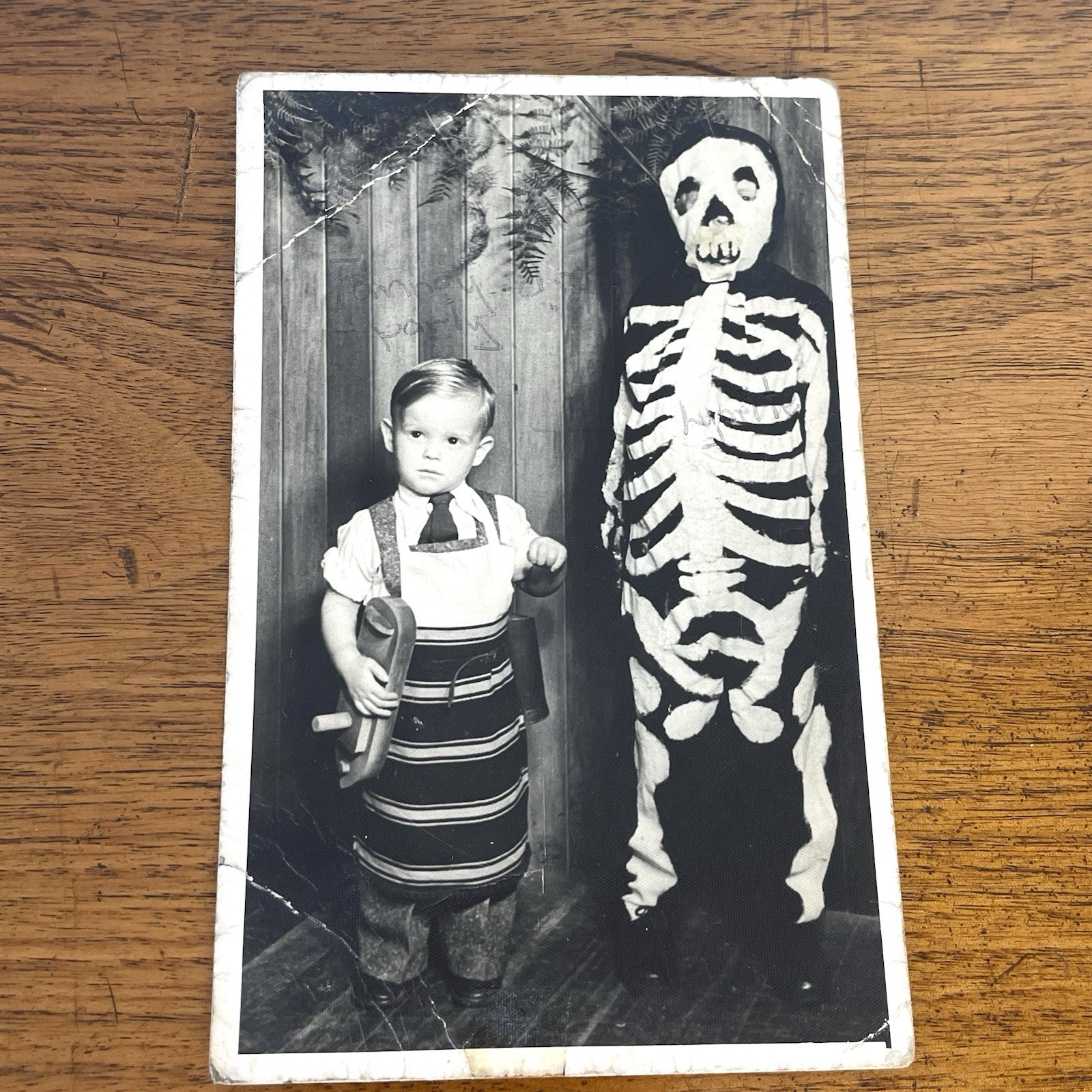 Vintage Halloween B&W Photo Skeleton & Carpenter Snapshot 30’s 40’s Costume Mask