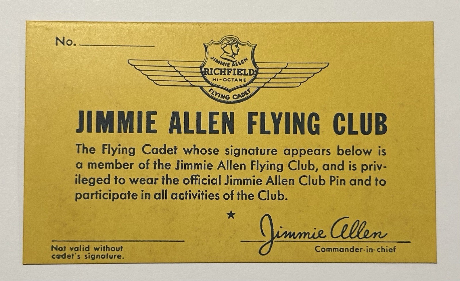 Vintage 1936 Richfield Oil Jimmie Allen Flying Club Blank Membership Card (Y152) Vintage 1936 Richfield Oil Jimmie Allen Flying Club Blank Membership Card (Y152)