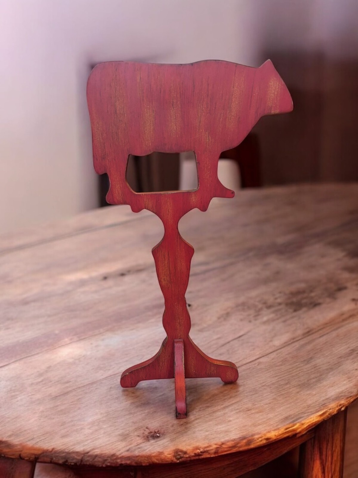 Primitive Farmhouse Red Wooden Cow Pedestal Weathervane 16\