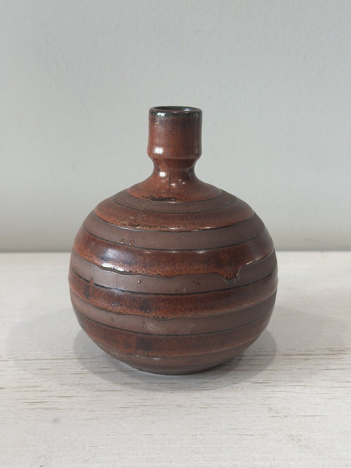 Unmarked Brown Bronze Bud Vase Round Pottery Glaze Rings Design 5x4