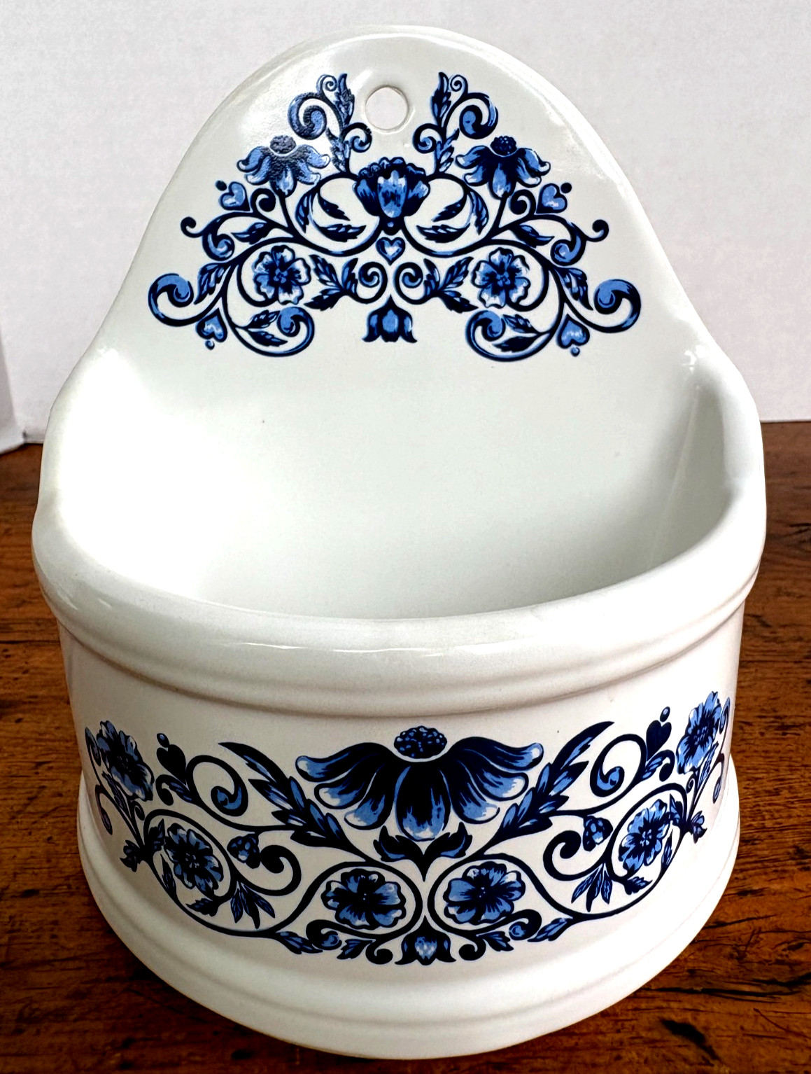 Vintage 1970's MERLE NORMAN Open Salt Wall Pocket Ceramic Blue Floral Print