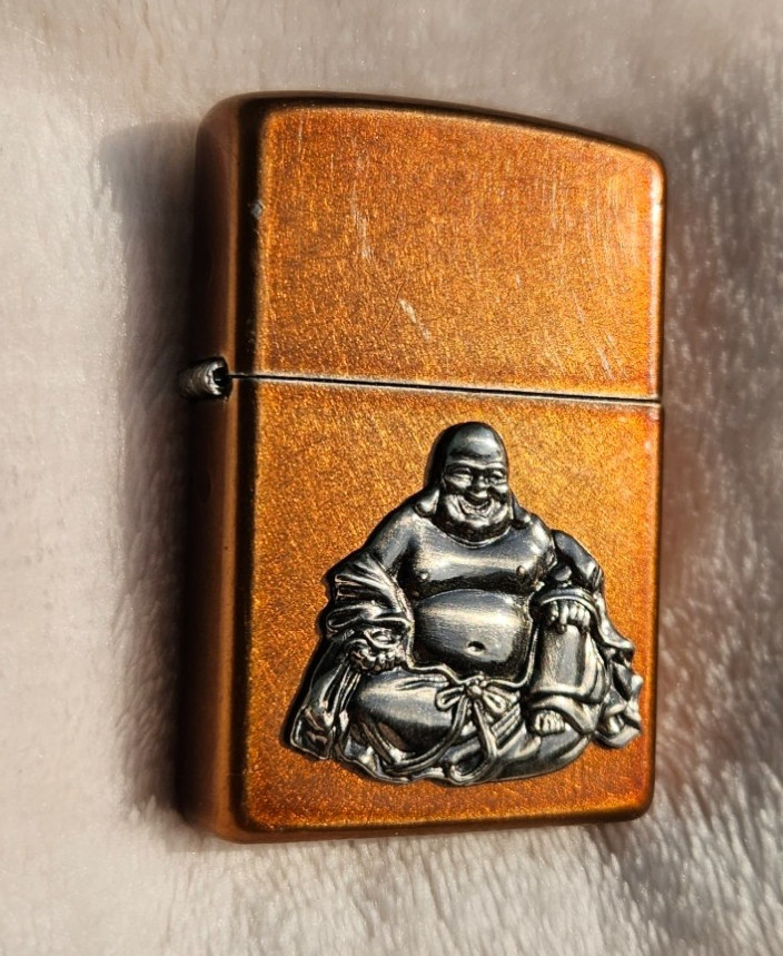 Zippo Lighter 2011 Sitting Maitreya Laughing Buddha, Emblem, Toffee Finish, Used