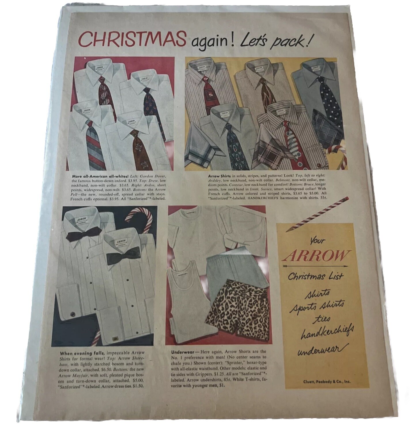 1940s Vintage Arrow Shirts Christmas Print Ad Men’s Fashion Clothing Original 1940s Vintage Arrow Shirts Christmas Print Ad Men’s Fashion Clothing Original