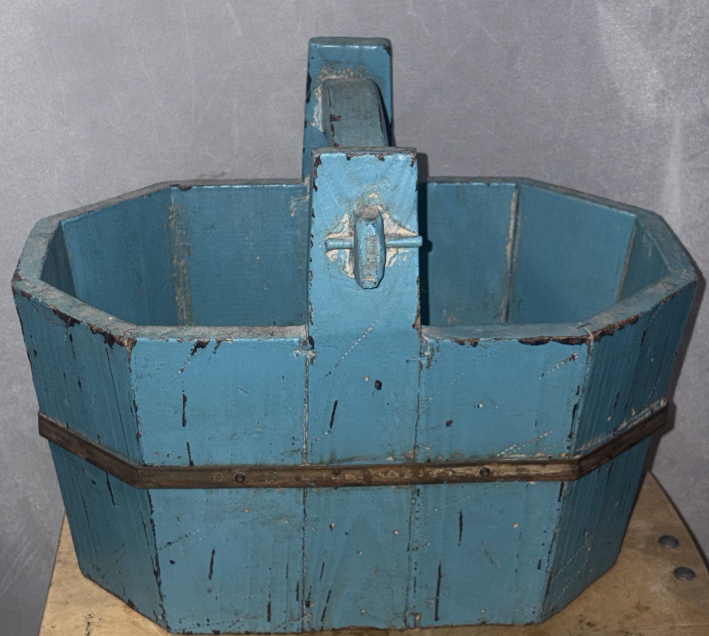 Vintage Large Wood/Wooden Chinese Square Grain Bucket/Basket Blue  10x13 Inches
