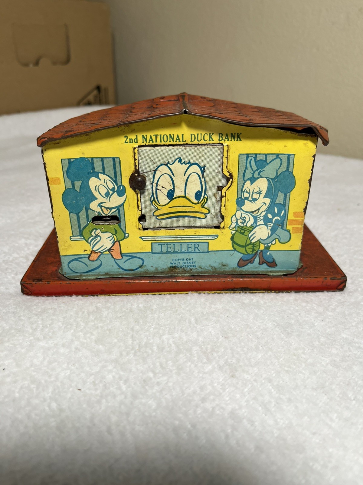 Vintage 1950's J.Chein Walt Disney 2nd National Duck Bank Mechanical Tin Mickey Vintage 1950's J.Chein Walt Disney 2nd National Duck Bank Mechanical Tin Mickey