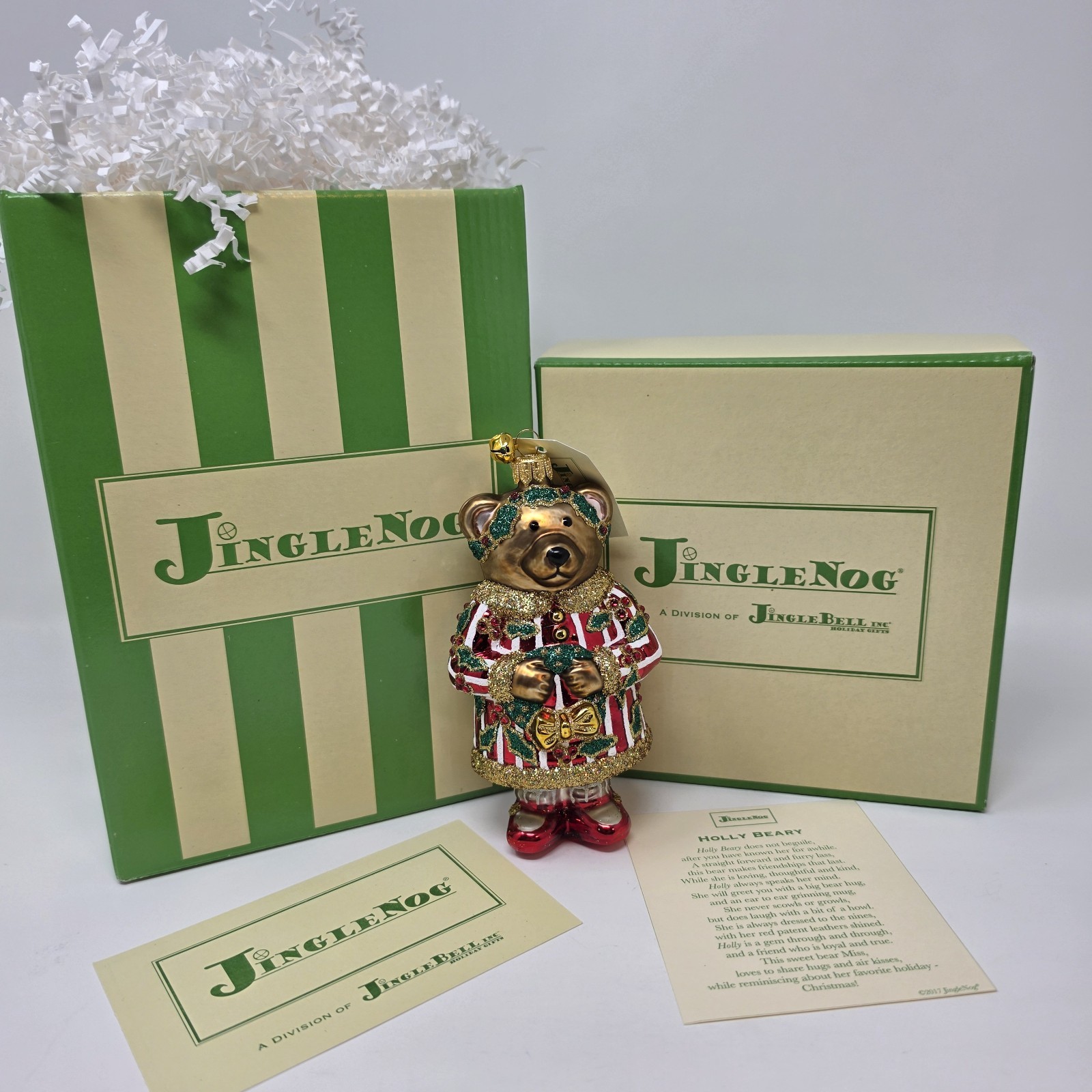 NIB JingleNog Holly Beary Ornament #80482 Hand Blown & Painted in Poland