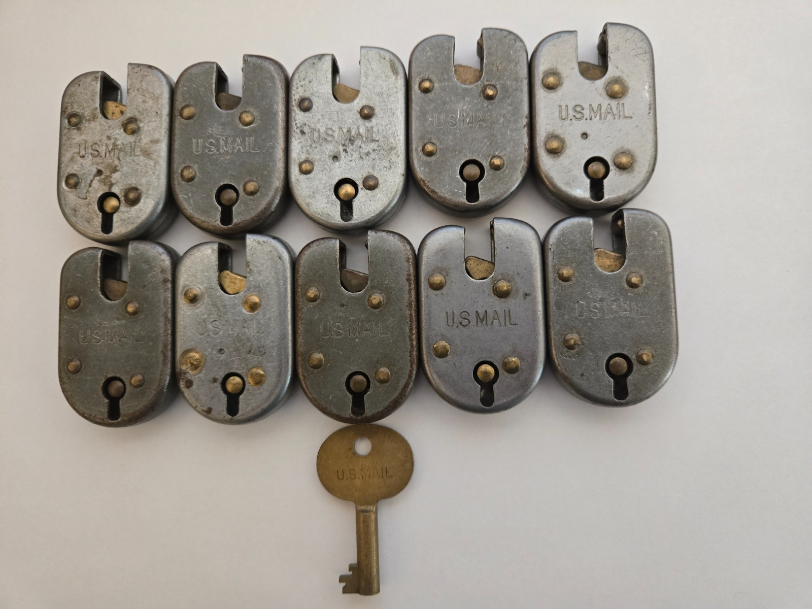 10 EA.-USED-OBSOLETE-U.S.MAIL-L.A.STEEL & BRASS MAIL BAG PADLOCKS-WITH BRASS KEY