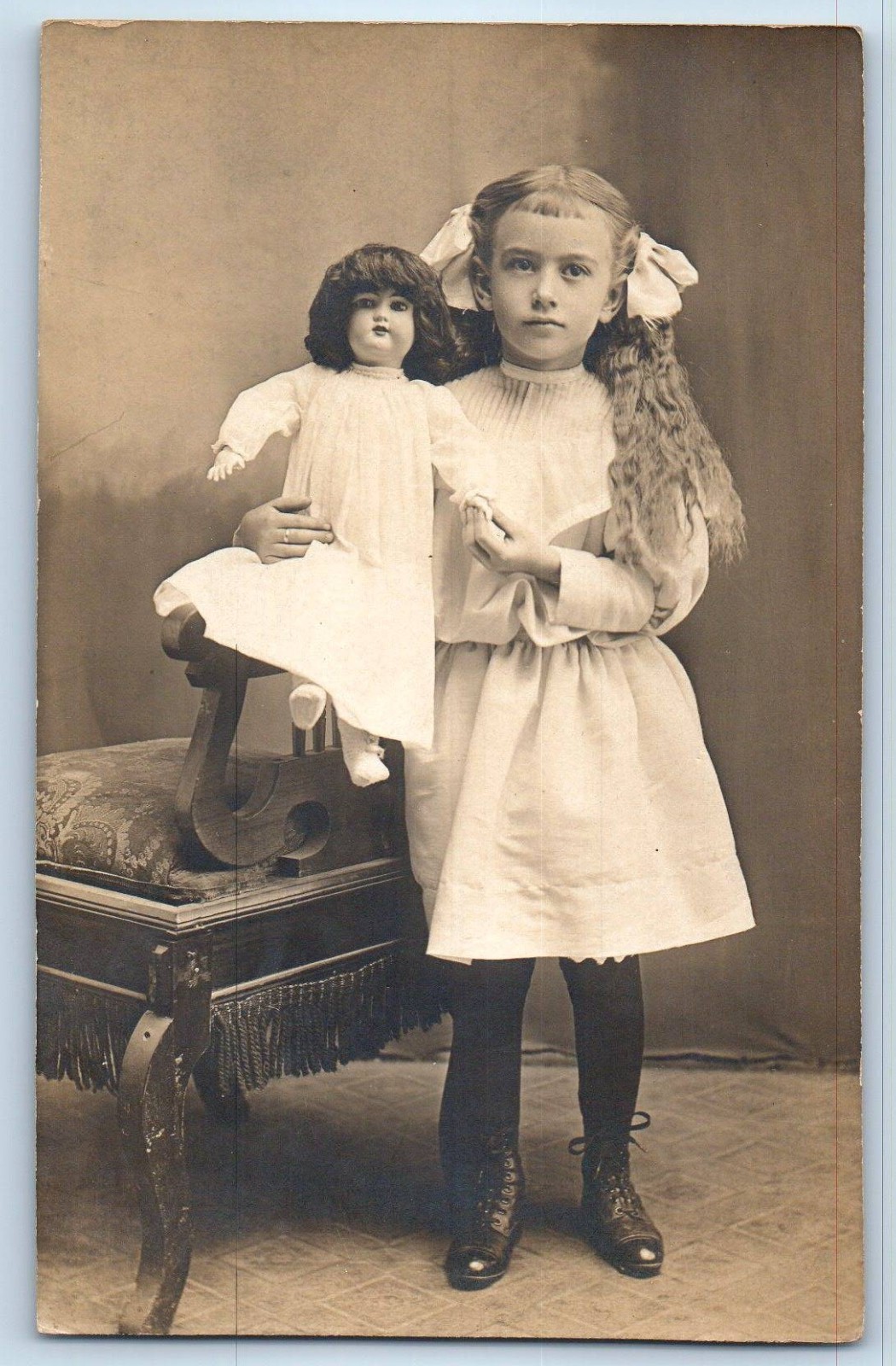 c1910's Child Girl With Doll Toy Studio RPPC Photo Antique Unposted Postcard c1910's Child Girl With Doll Toy Studio RPPC Photo Antique Unposted Postcard