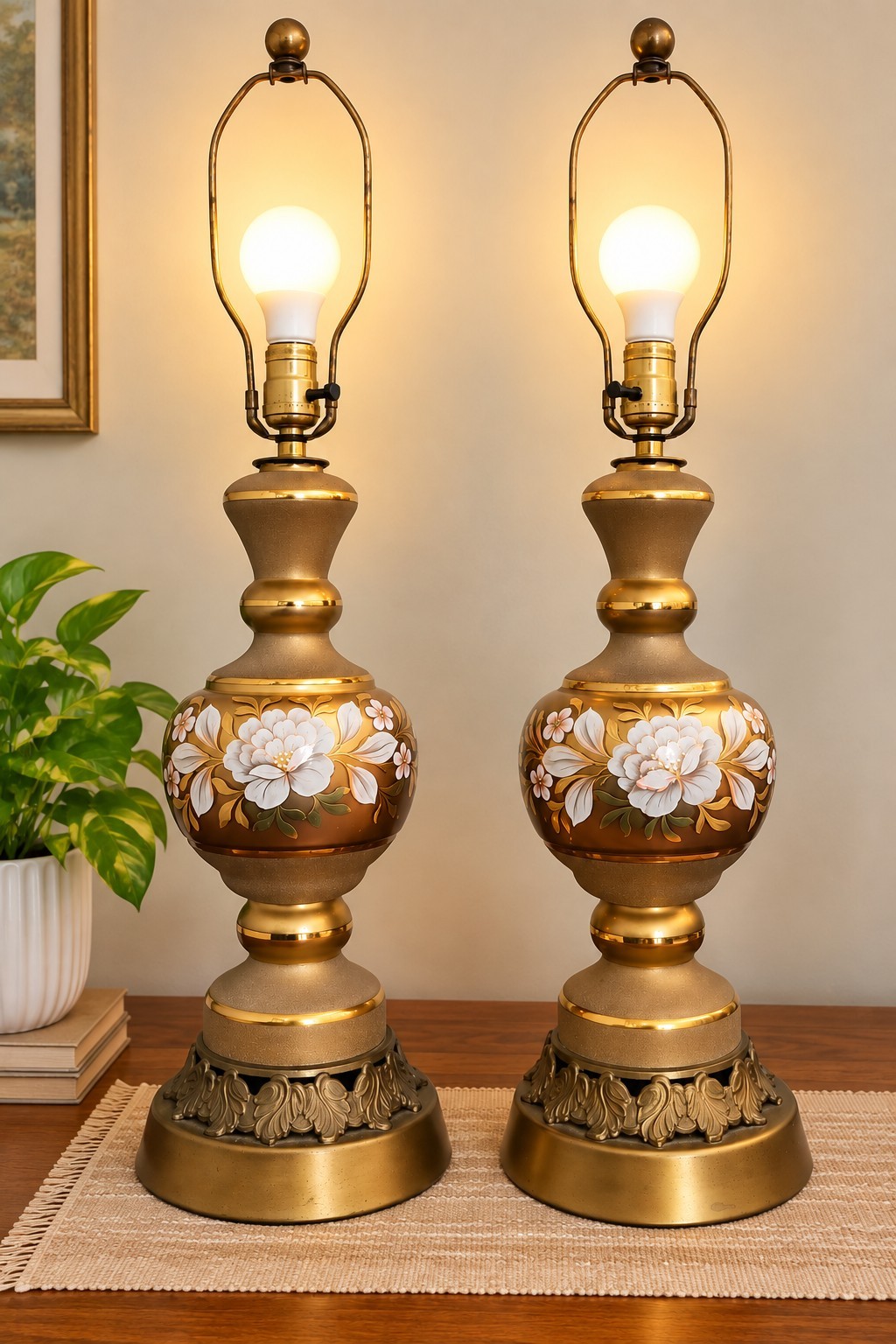 Vtg 1950's Hollywood Regency Gold Gilt Floral Hand Painted Table Lamp Brass Set Vtg 1950's Hollywood Regency Gold Gilt Floral Hand Painted Table Lamp Brass Set