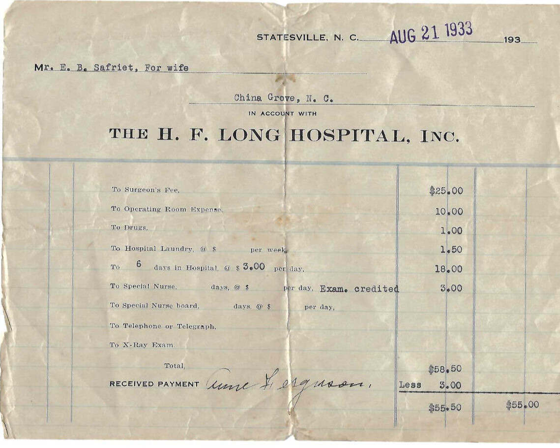 VINTAGE 1933 NC HOSPITAL RECEIPT THE H. F. LONG HOSPITAL, STATESVILLE, N. C. VINTAGE 1933 NC HOSPITAL RECEIPT THE H. F. LONG HOSPITAL, STATESVILLE, N. C.