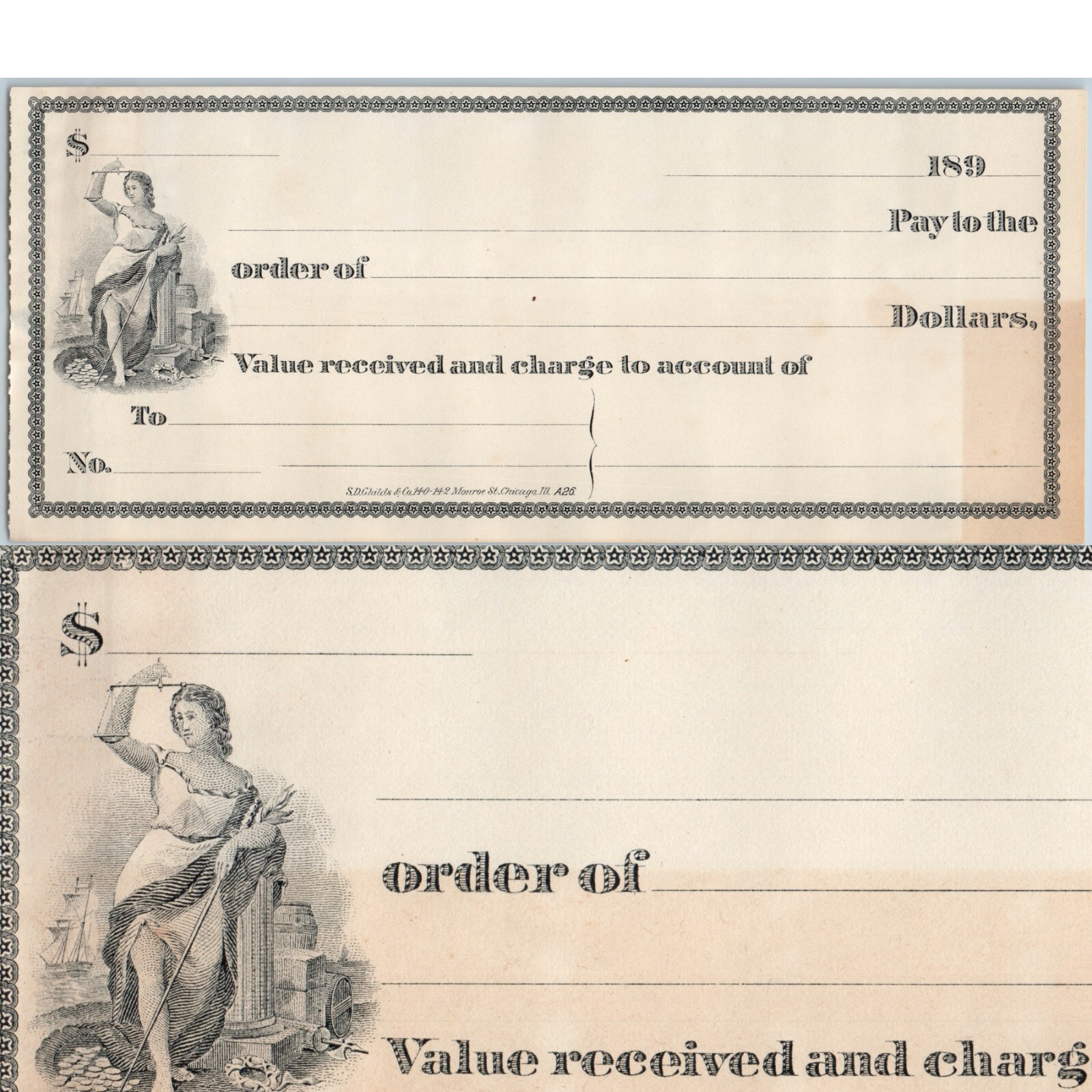 x2 LOT c1890s Chicago, IL Blank Bank Draft Checks S.D. Childs Goddess Vignette x2 LOT c1890s Chicago, IL Blank Bank Draft Checks S.D. Childs Goddess Vignette
