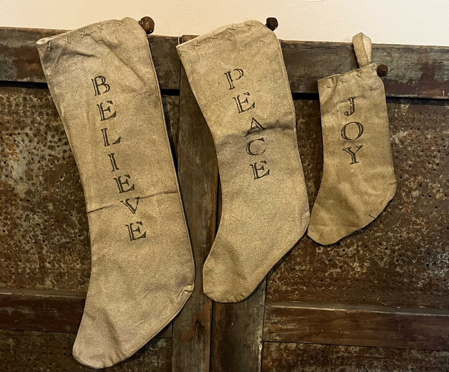 3 Grubby Primitive Tea Stained Christmas stockings w Bells Peace Believe Joy