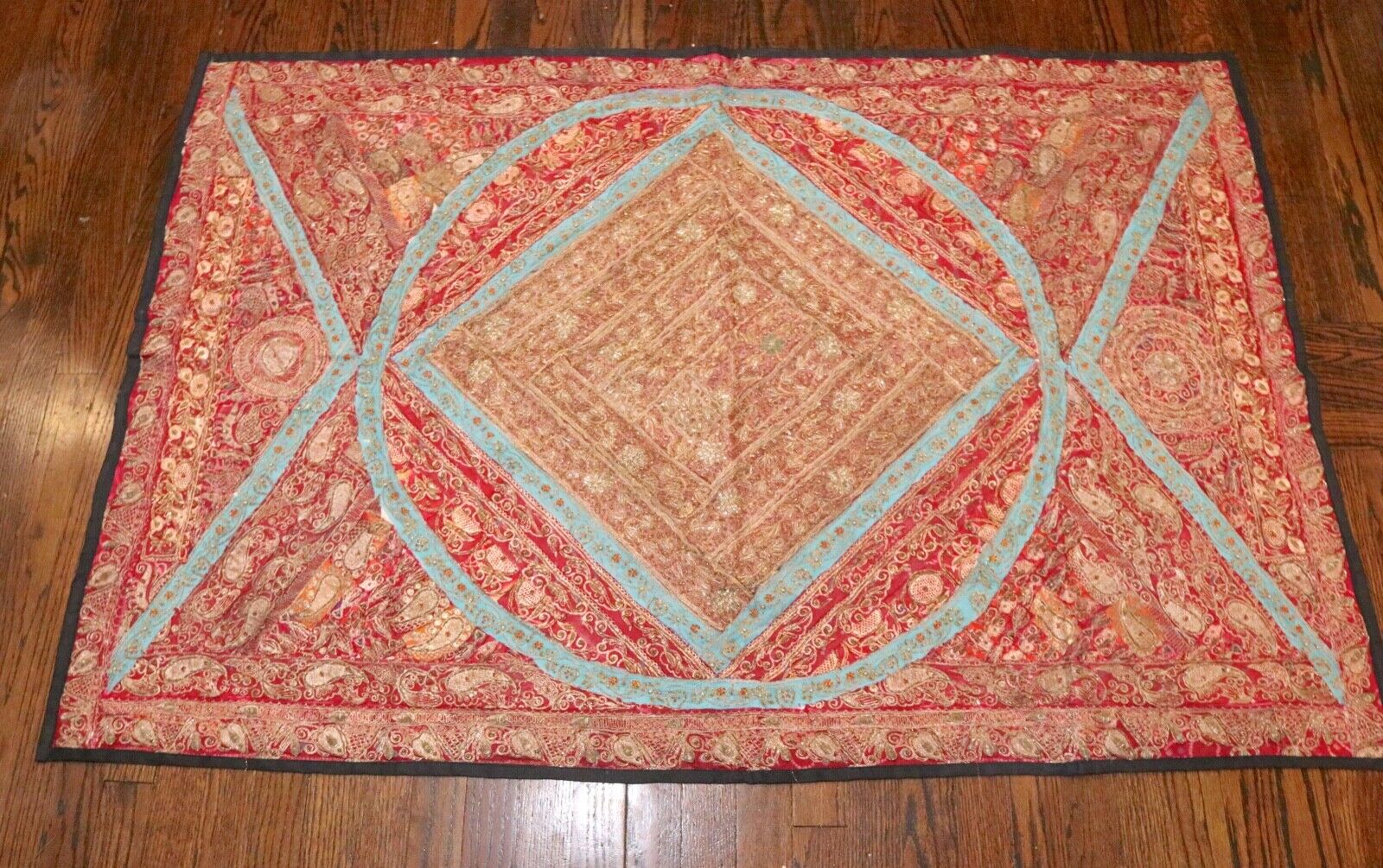 antique hand embroidered turkish metal threaded needlepoint textile tapestry rug
