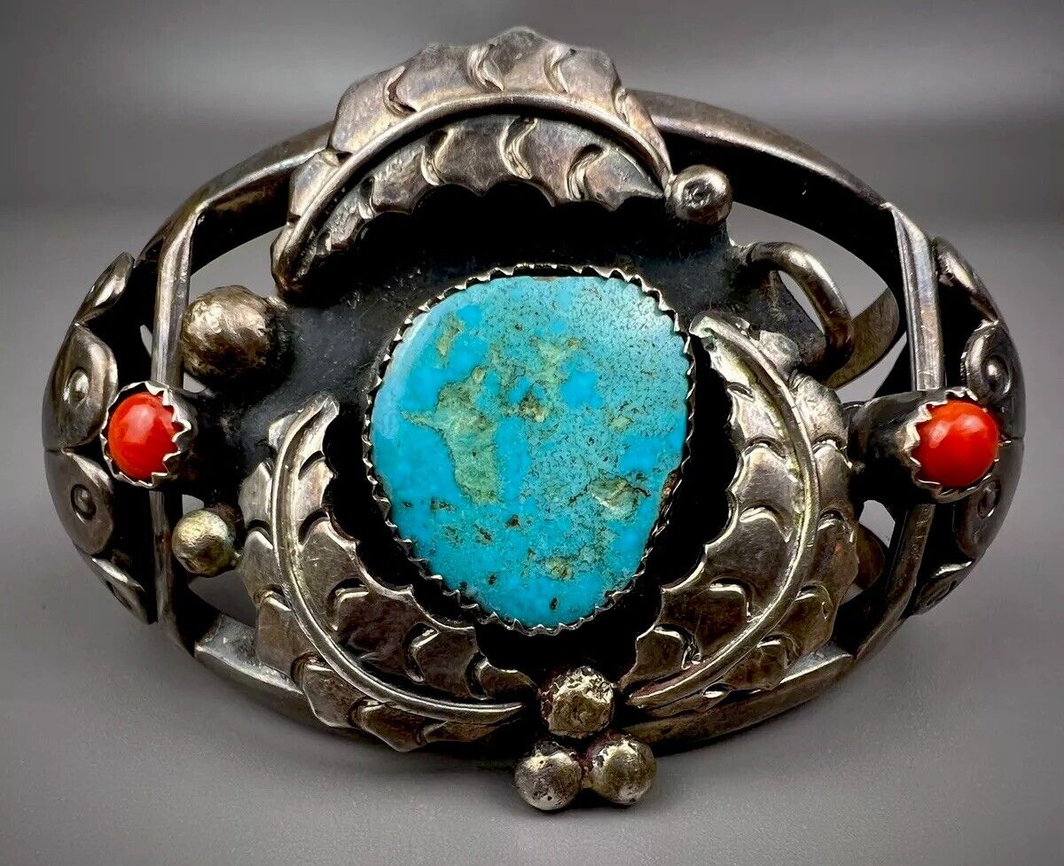 Vintage Navajo Sterling Silver Turquoise & Coral Cuff Bracelet SOLID