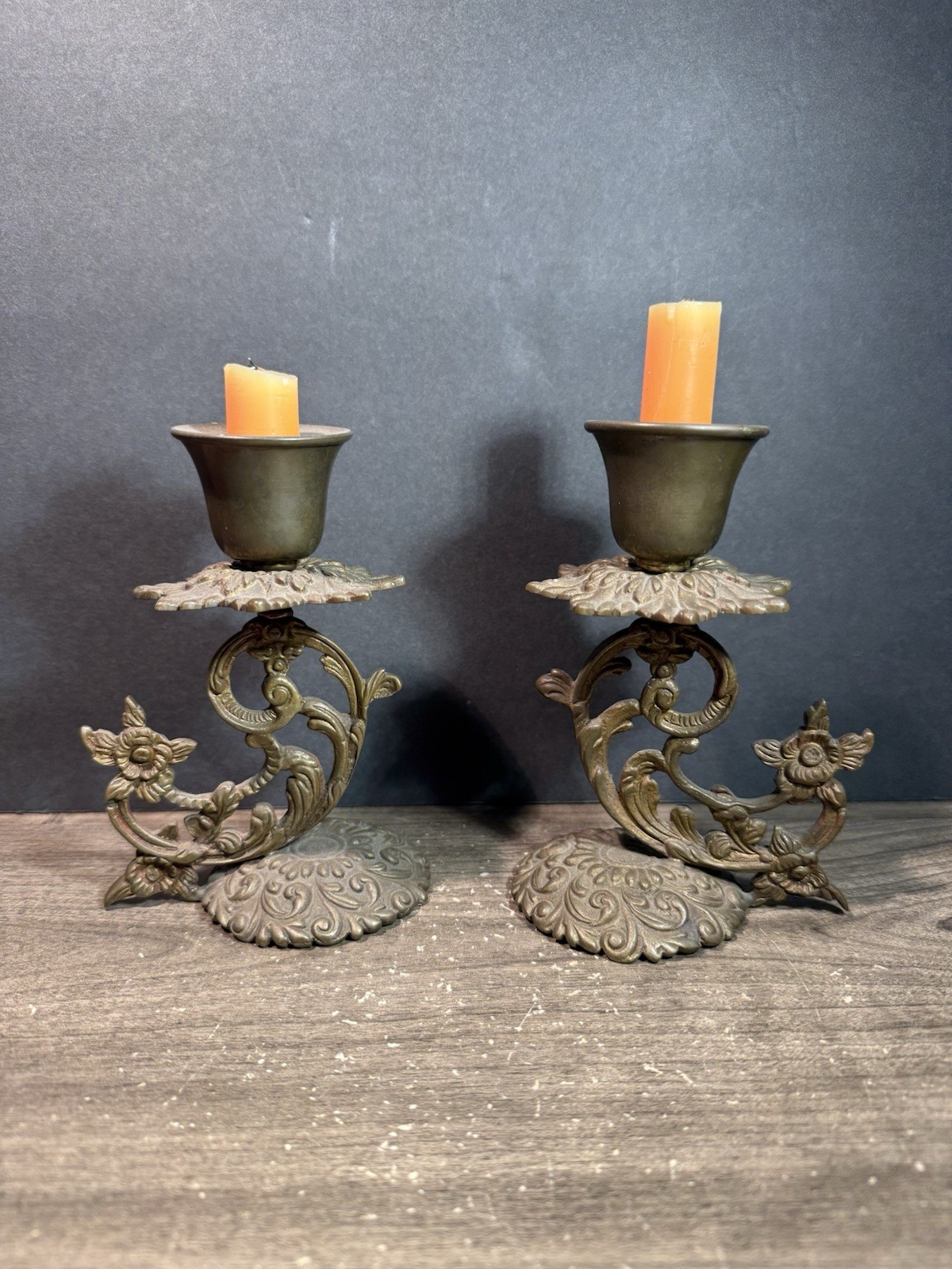 A Pair Vintage Victorian Halloween Haunted House Brass Candlestick Holders 6” A Pair Vintage Victorian Halloween Haunted House Brass Candlestick Holders 6”