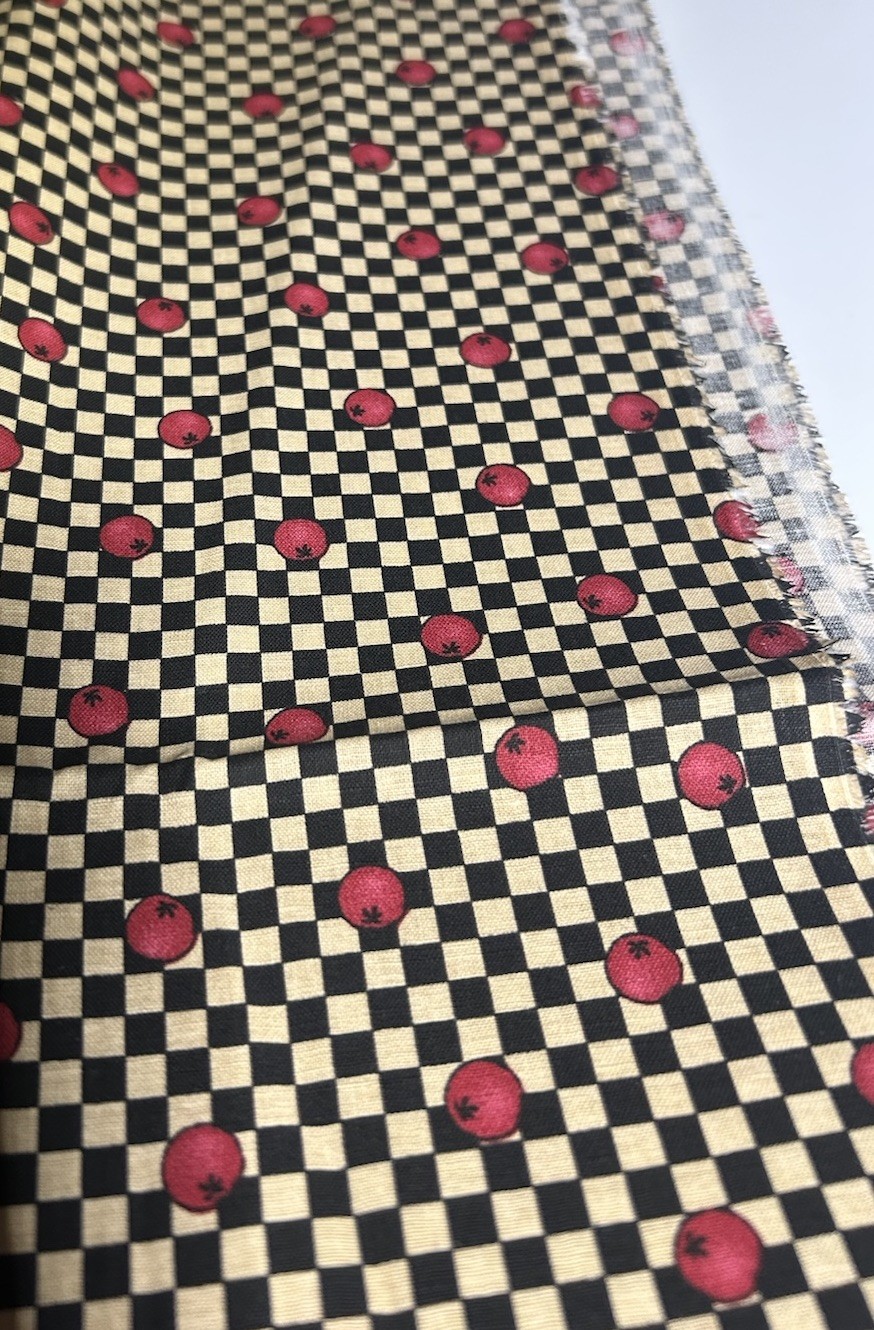 Vintage Primitive Black and Cream Checkerboard Cranberry Cotton Fabric 1 Yard