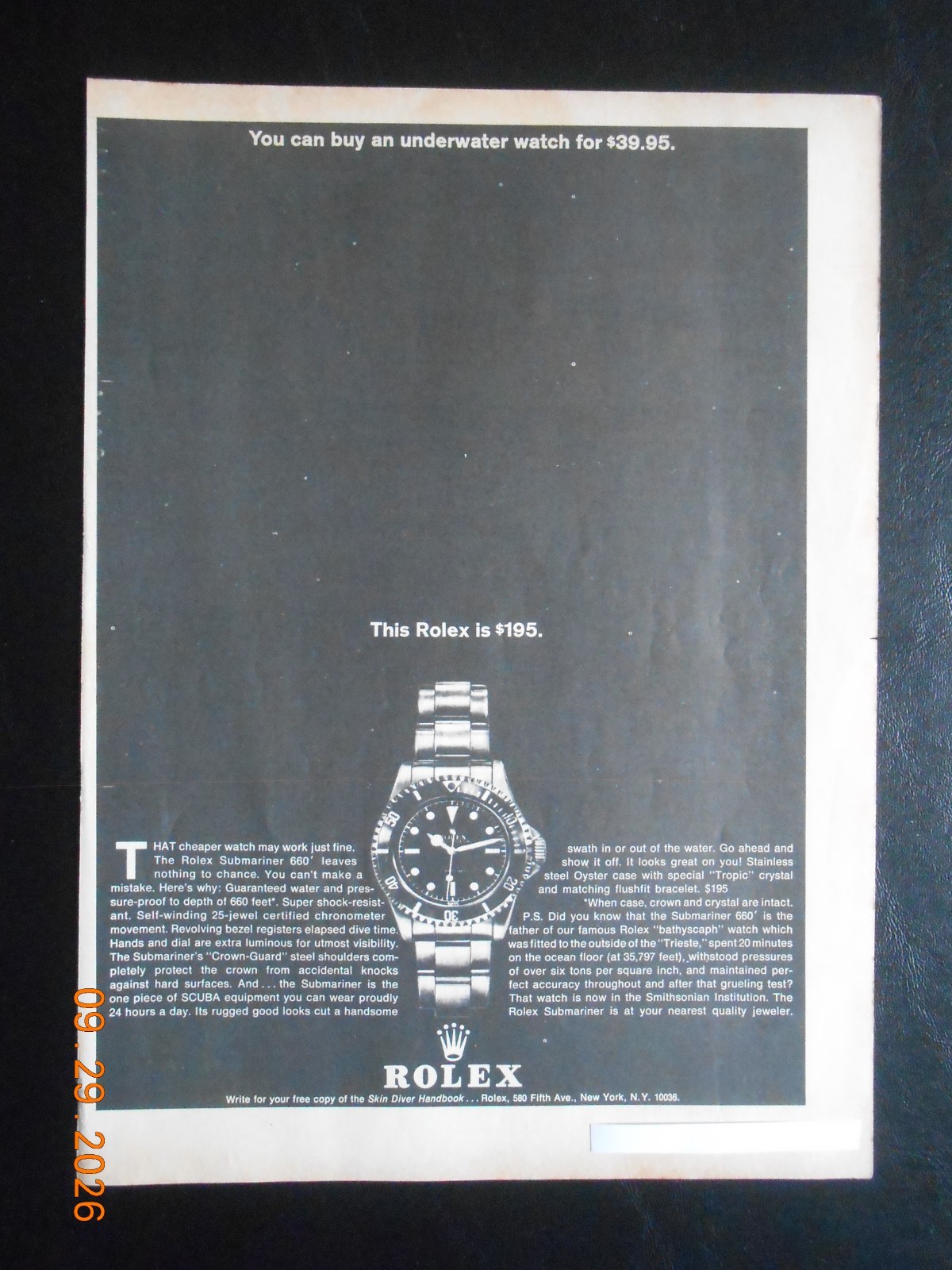 RARE 1965 Rolex Submariner underwater watch vintage print AD This Rolex Is $195
