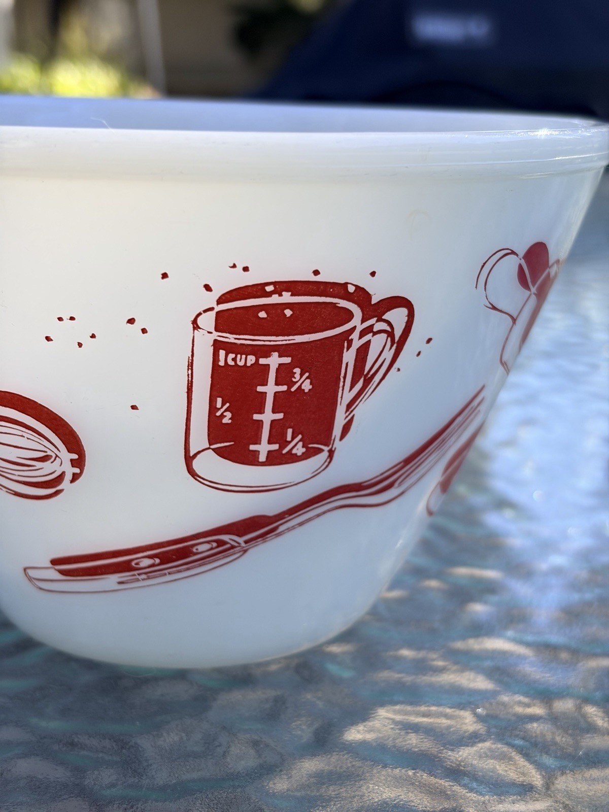Vintage Fire King Kitchen Aids 6.5” Milk Glass Mixing Bowl Red Utensils USA