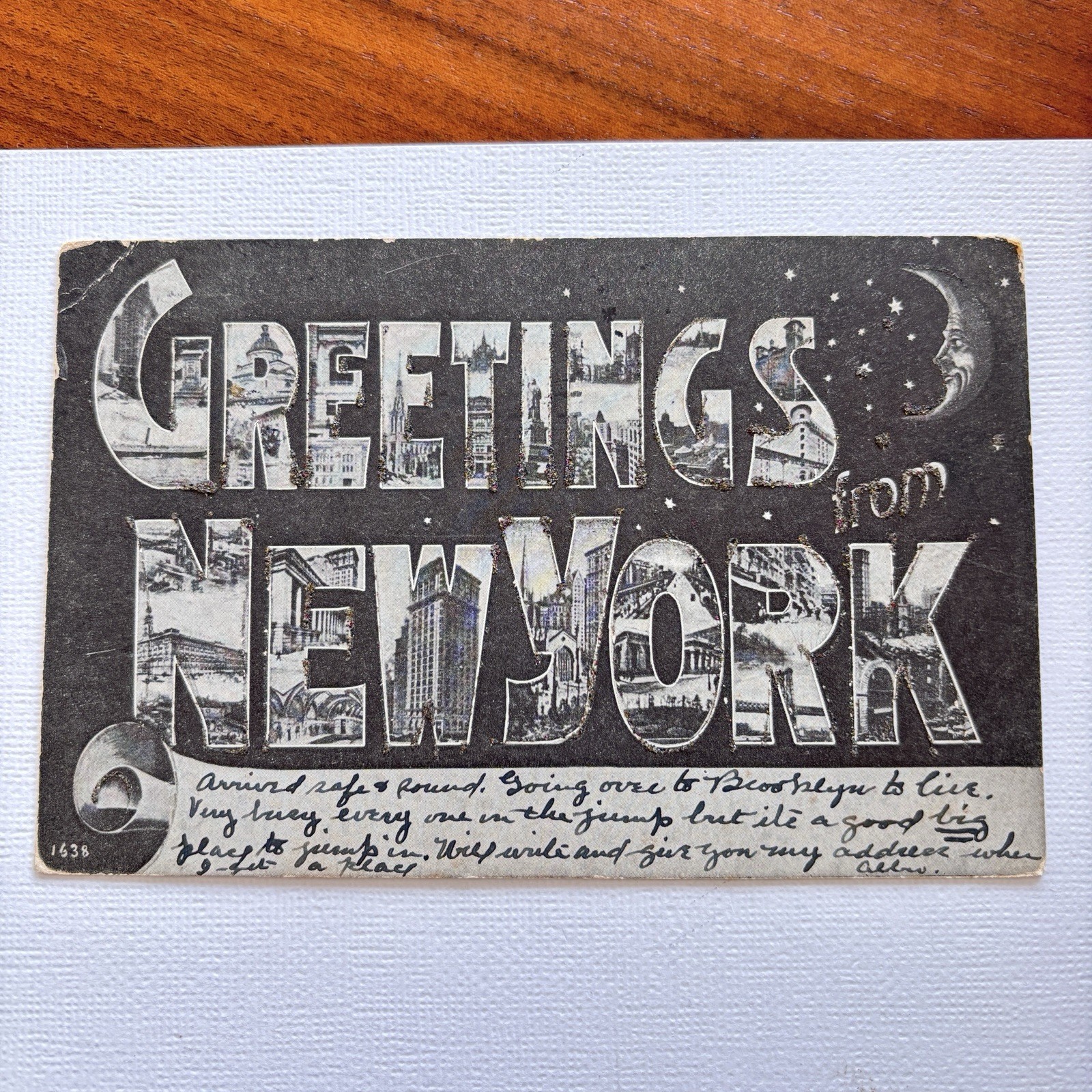 Vintage 1906 Greetings From New York Large Letter Postcard Night Sky Moon Art