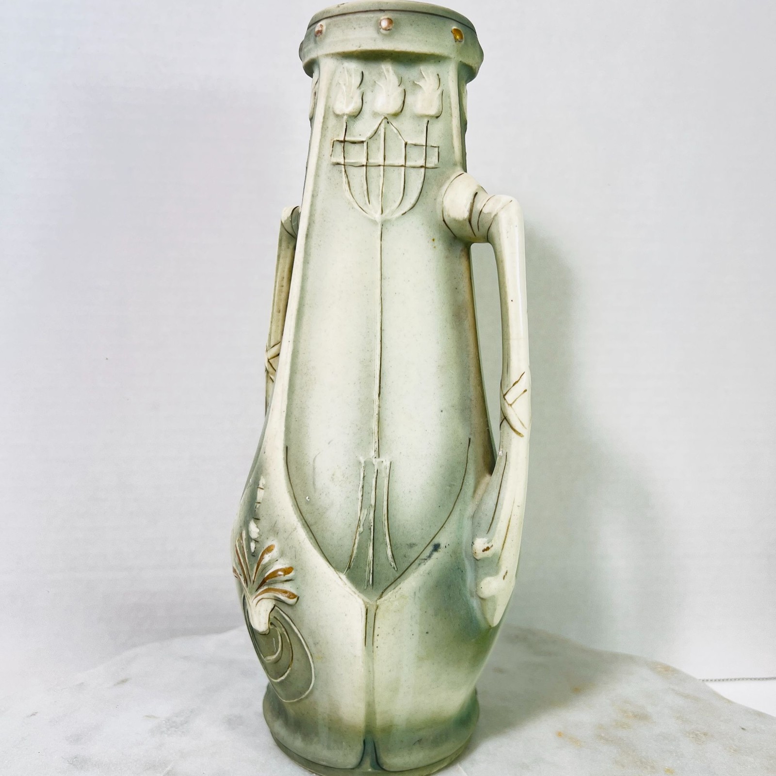 Art Nouveau Ceramic Bud Vase Green Gray 1900 Twin Handles 10