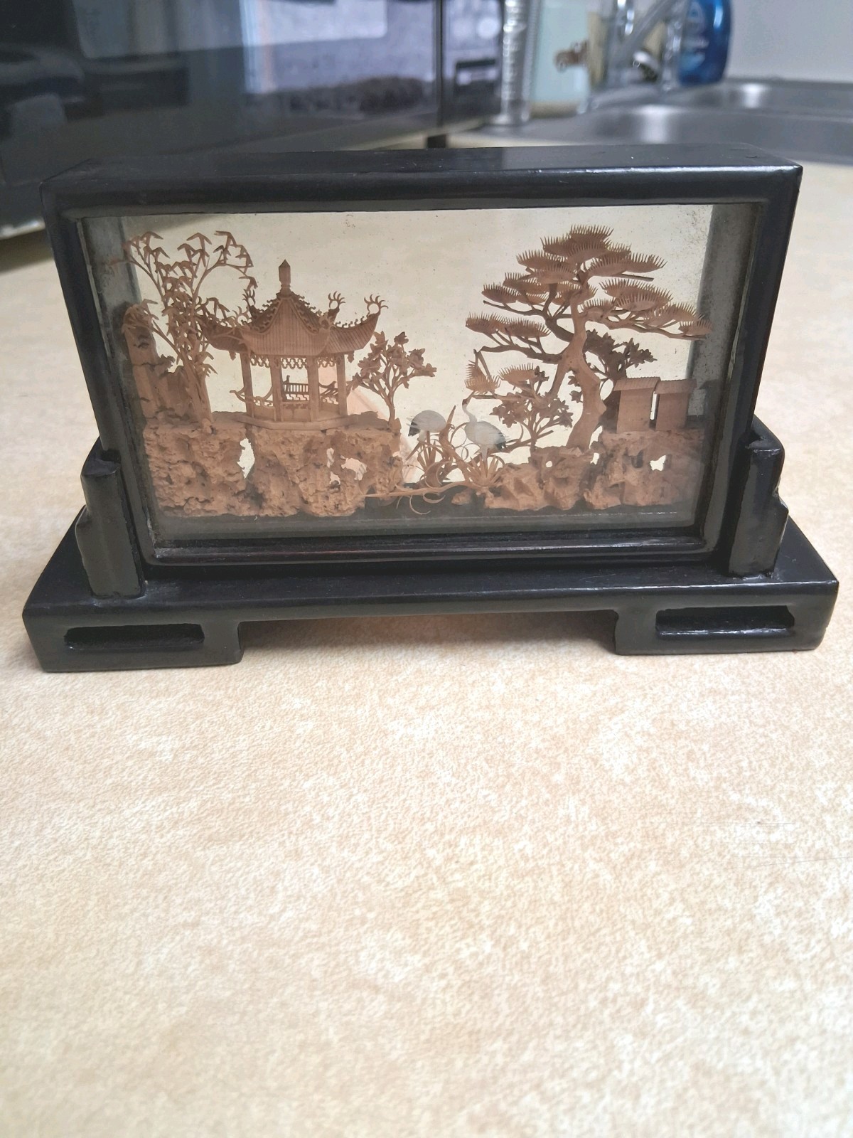 Vtg Chinese Cork Carving Art Sculpture Miniature Diorama Cranes Pagoda Miniature
