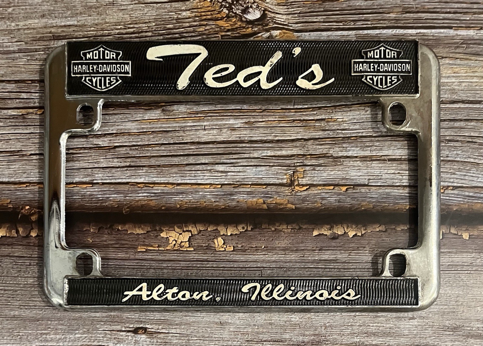 Vintage Ted\'s Harley-Davidson Motorcycle Dealer License Plate Frame Alton IL