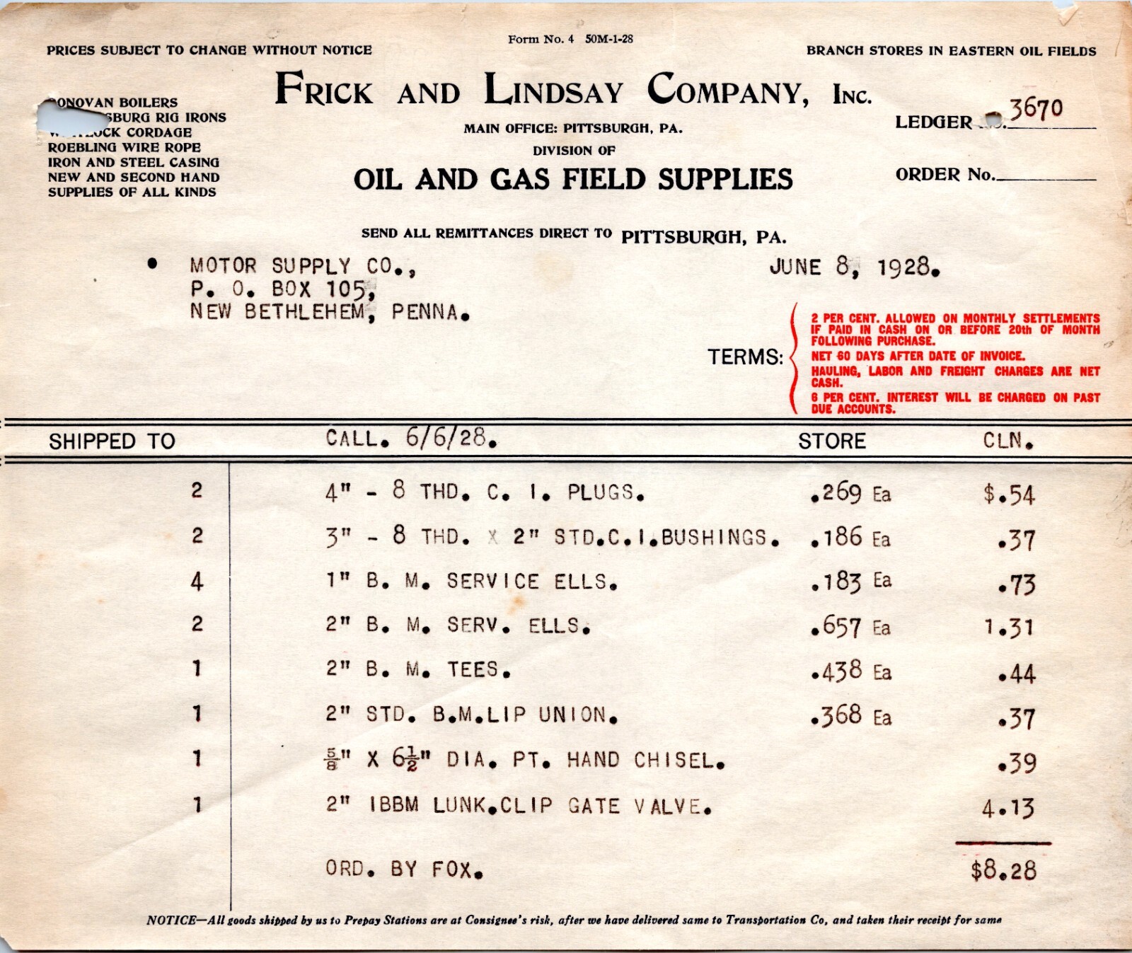 1928 Billhead - Frick and Lindsay Company, Pittsburgh PA - Oil and Gas Field 1928 Billhead - Frick and Lindsay Company, Pittsburgh PA - Oil and Gas Field