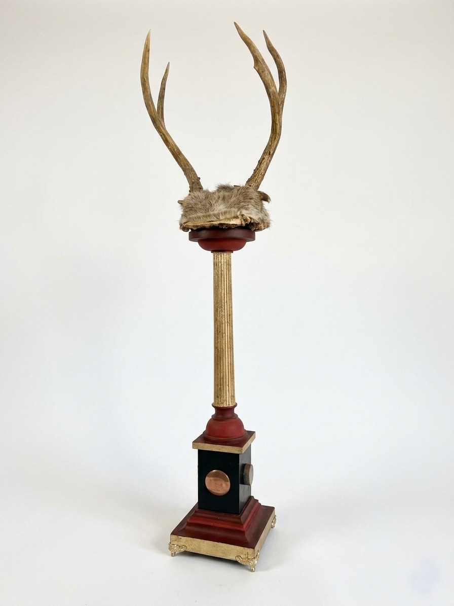 Baroque Curiosity Cabinet Vintage Trophy Antlers W Gilded Column & Specimen Gems Baroque Curiosity Cabinet Vintage Trophy Antlers W Gilded Column & Specimen Gems