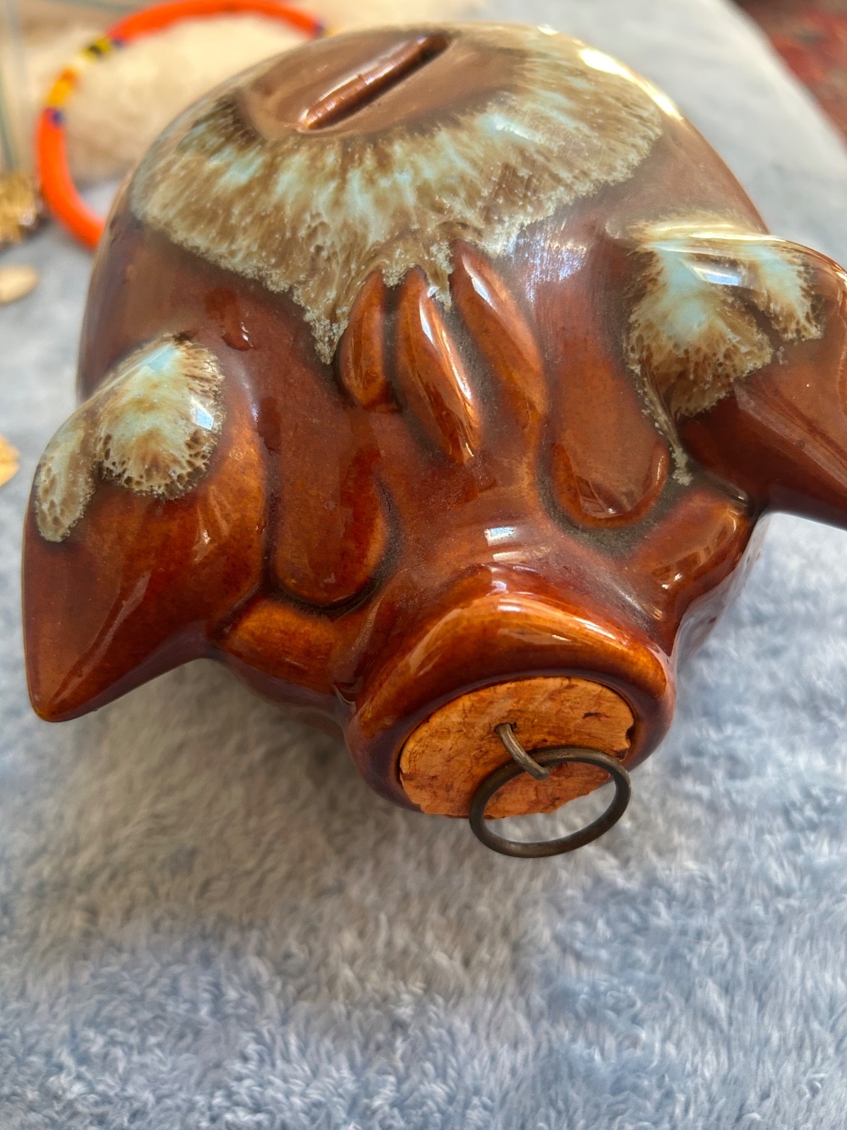 1957 Hull Corky Piggy Bank Brown/blue  Glazed Ceramic All Original CS582026