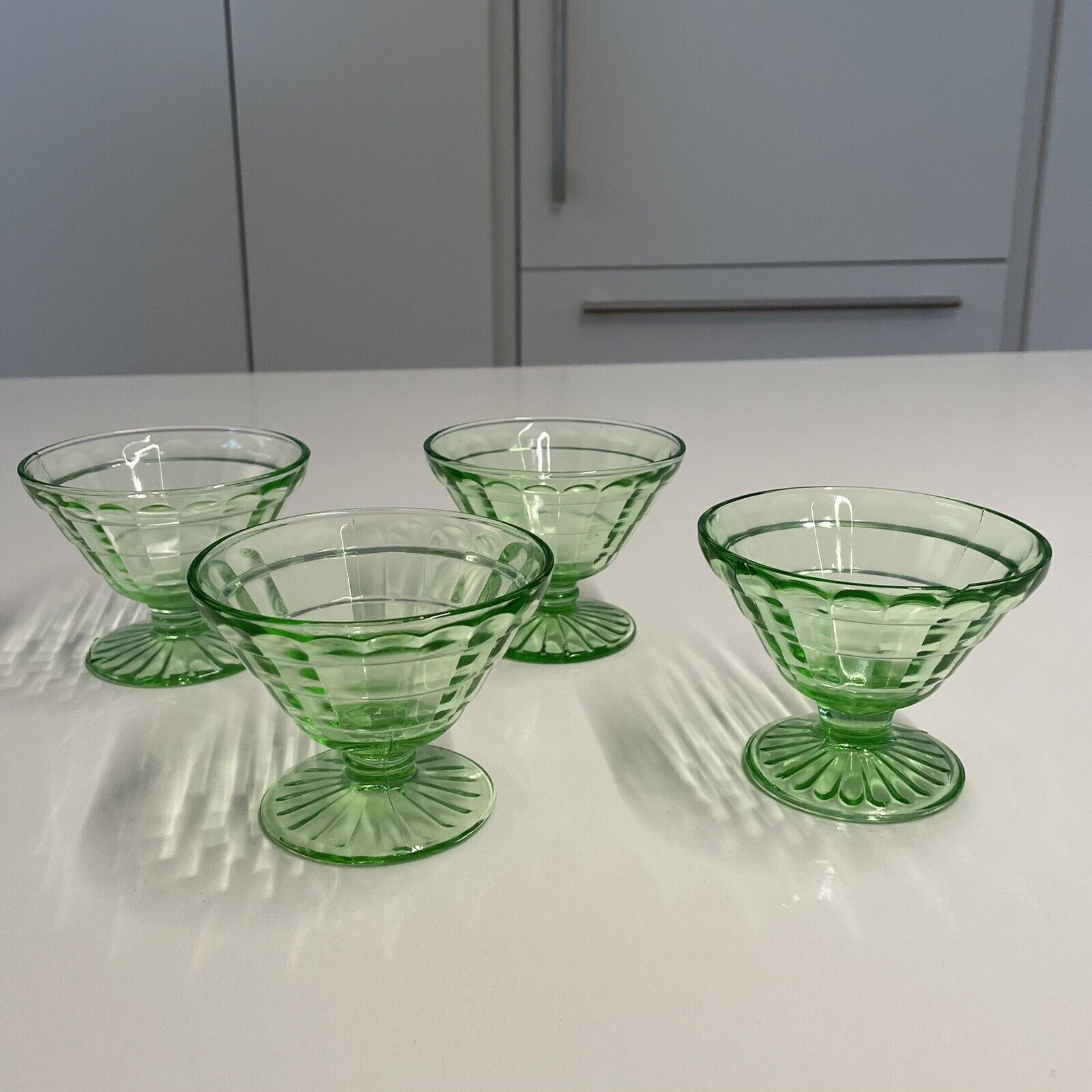 Cube/Cubist Green Vaseline Uranium Glass Footed Sherbets- Set of 4 VTG
