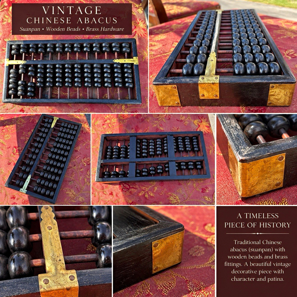 Vintage Chinese Suanpan Abacus Wooden Beads Brass Hardware Ownership History NA