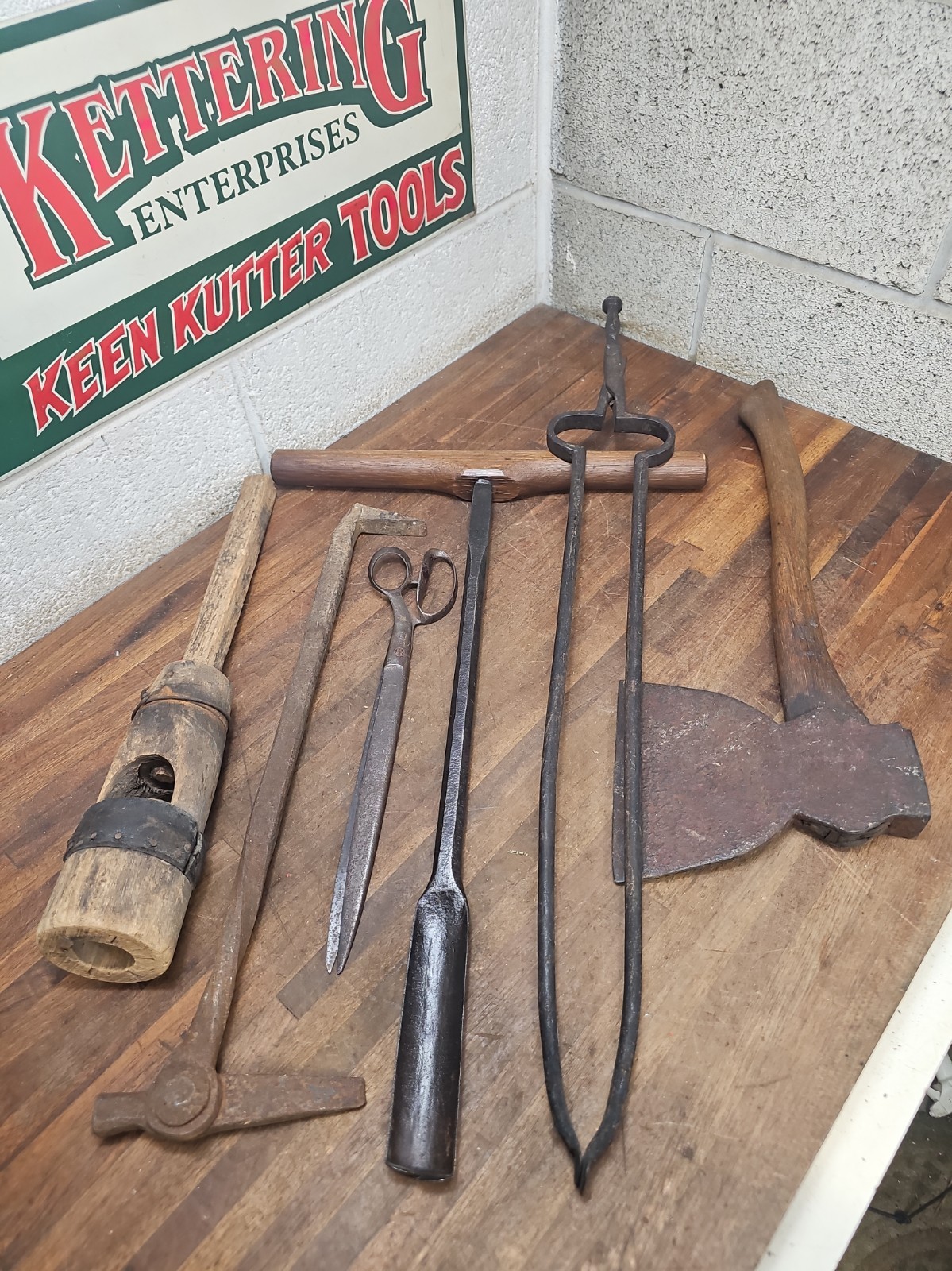 P92- PRIMITIVE ANTIQUE TOOL LOT - Axe, Tongs. Log Dog, etc